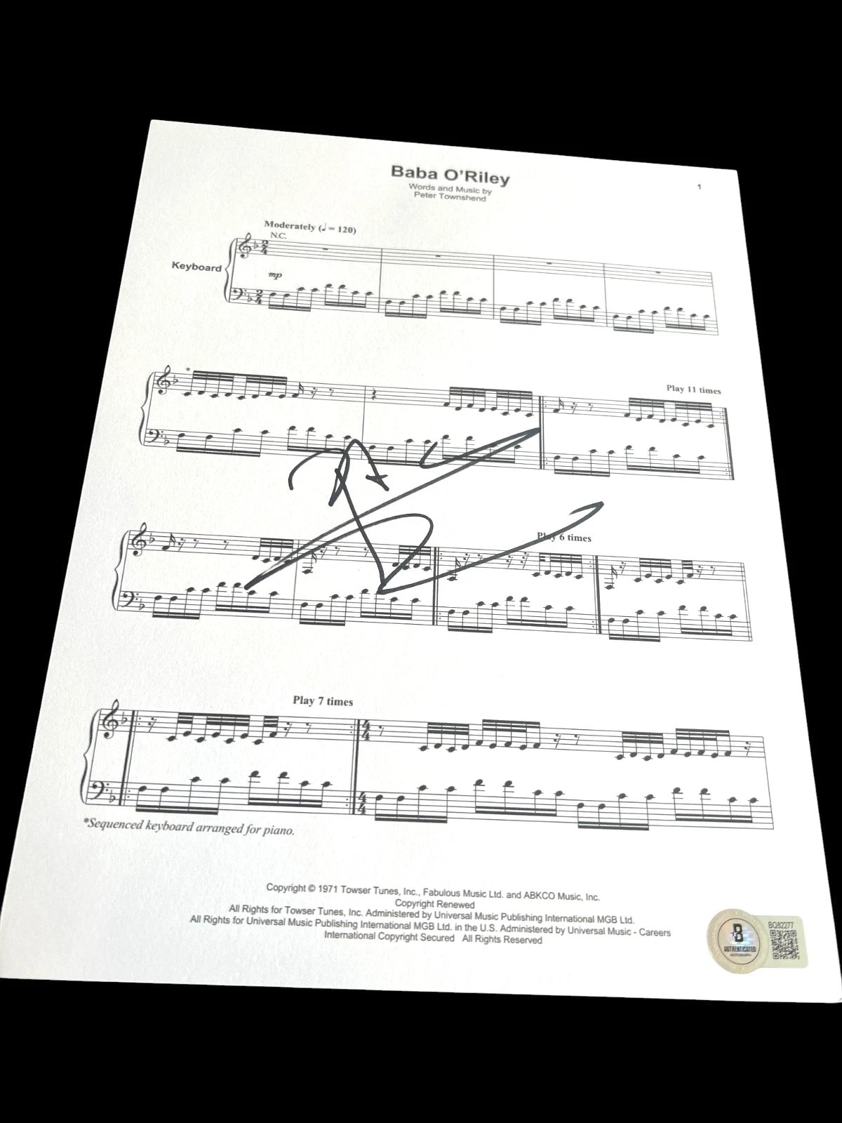 PETE TOWNSHEND SIGNED AUTOGRAPH SHEET MUSIC BABA O'RILEY THE WHO BECKETT BAS X2