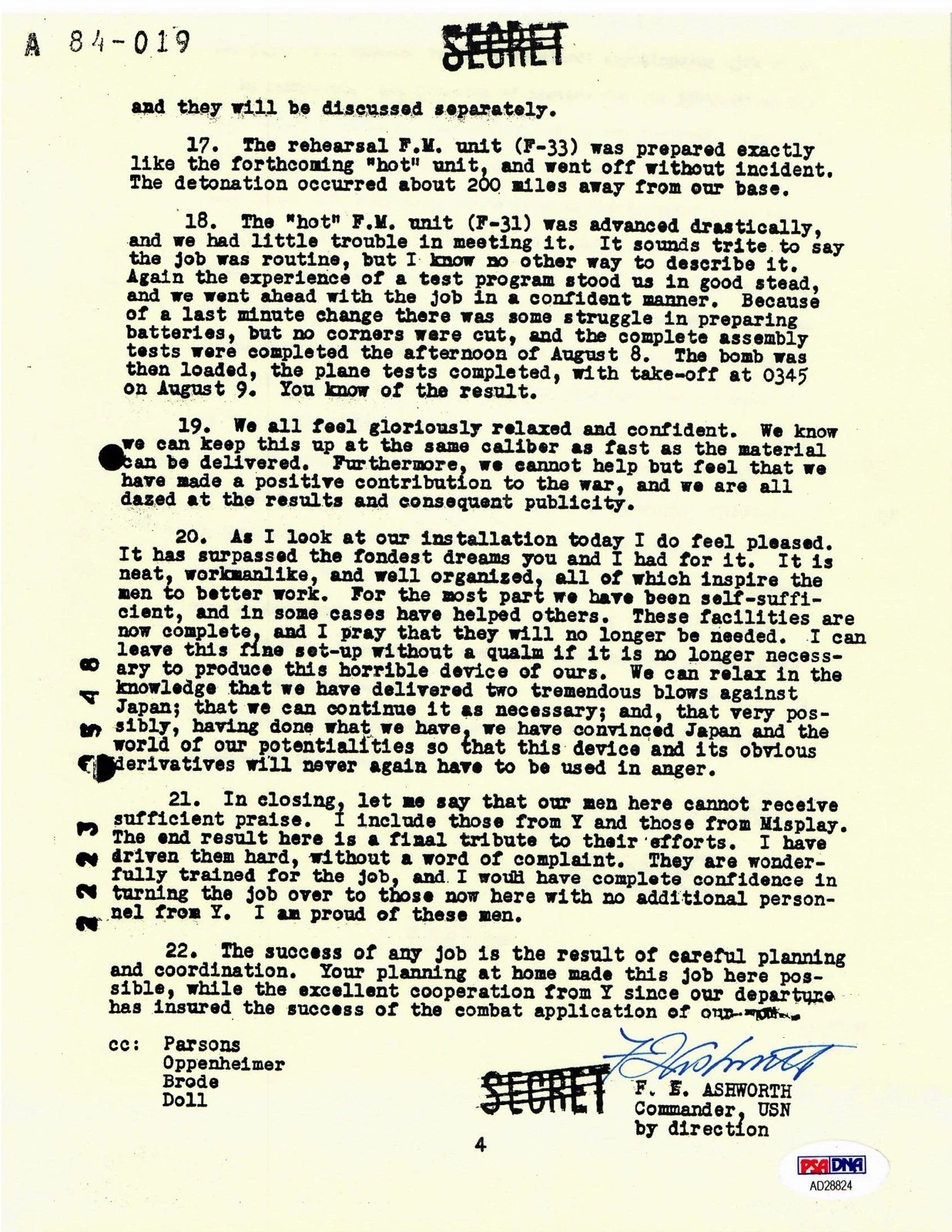 FREDERICK ASHWORTH SIGNED DOCUMENT PSA DNA AD28824 (D) WWII PROJECT ALBERTA