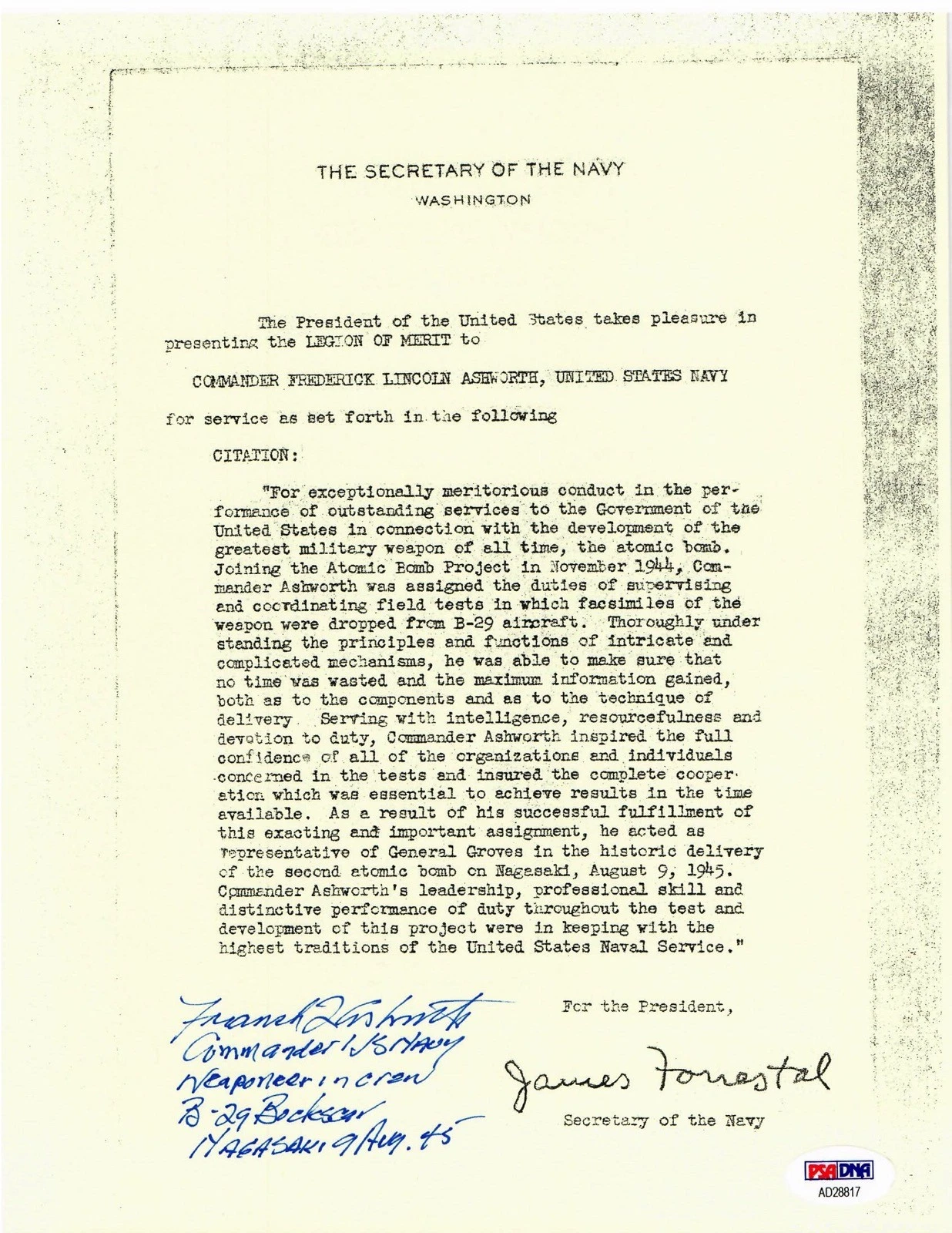 FREDERICK ASHWORTH SIGNED LEGION OF MERIT DOCUMENT PSA DNA AD28817 (D) WWII