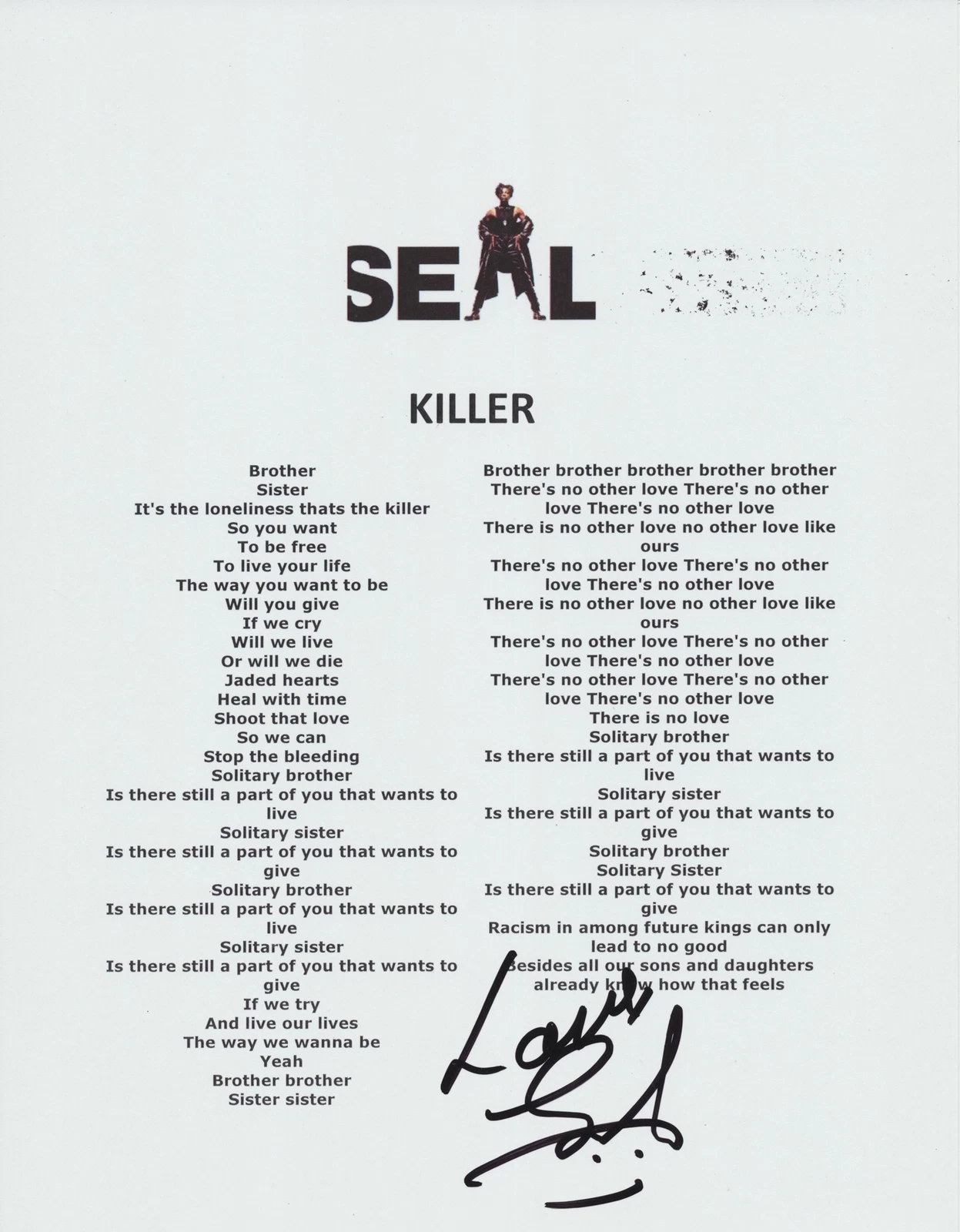 SEAL SIGNED KILLER LYRIC SHEET