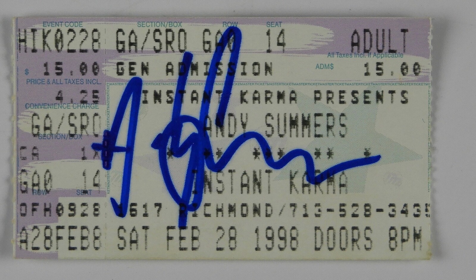 ANDY SUMMERS THE POLICE AUTOGRAPH SIGNED CONCERT TICKET JSA COA COLLECTIBLE MEMORABILIA