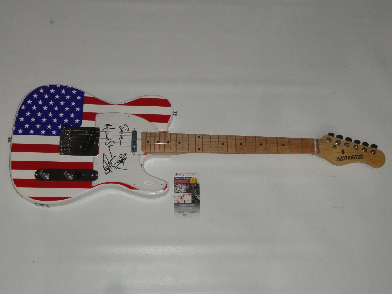 STEEL PANTHER SIGNED USA FLAG GUITAR MICHAEL STARR LEXXI SATCHEL STIX 4X JSA COA