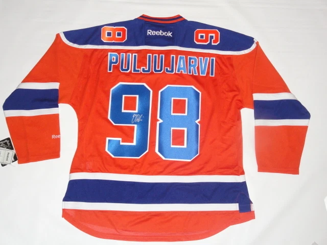 JESSE PULJUJARI SIGNED EDMONTON OILERS #98 ALTERNATE JERSEY LICENSED JSA COA