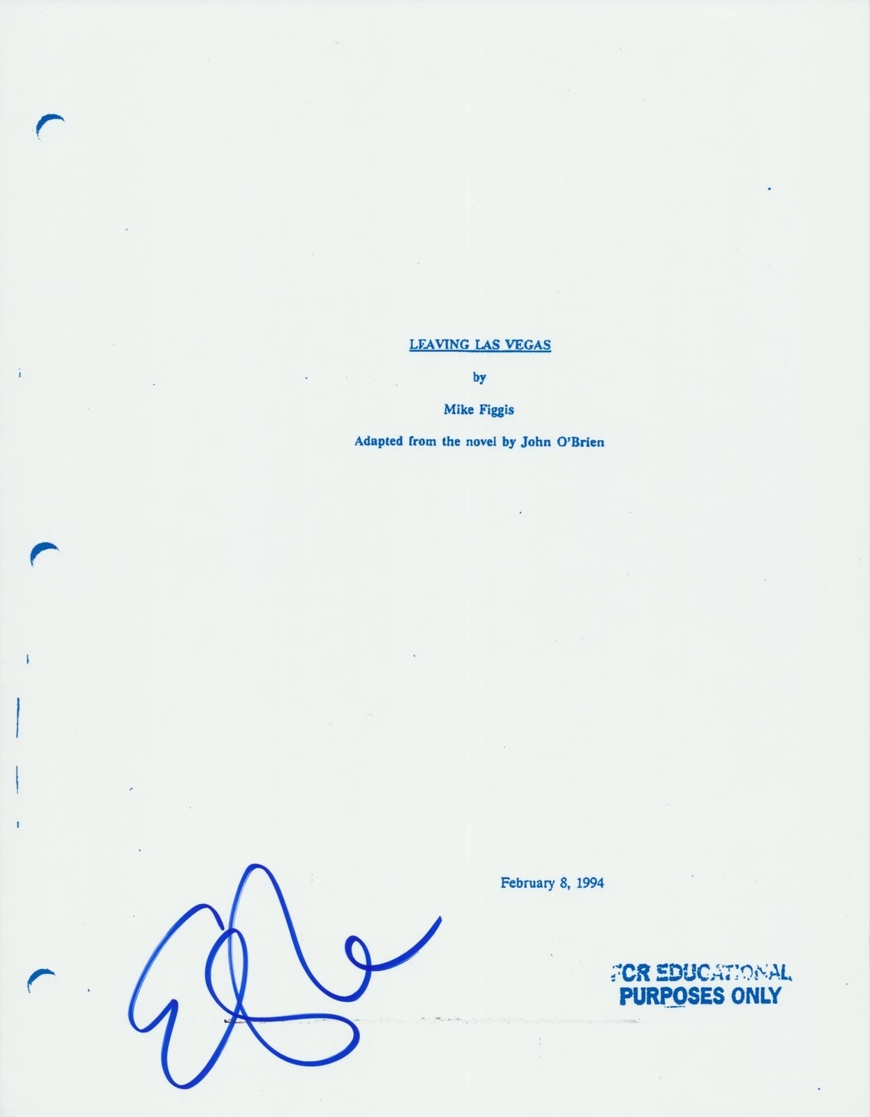 ELISABETH SHUE SIGNED LEAVING LAS VEGAS FULL SCRIPT