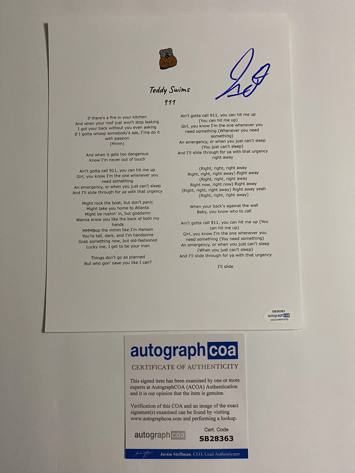 Teddy Swims signed autographed “911” Lyric Sheet Young Star ACOA Music