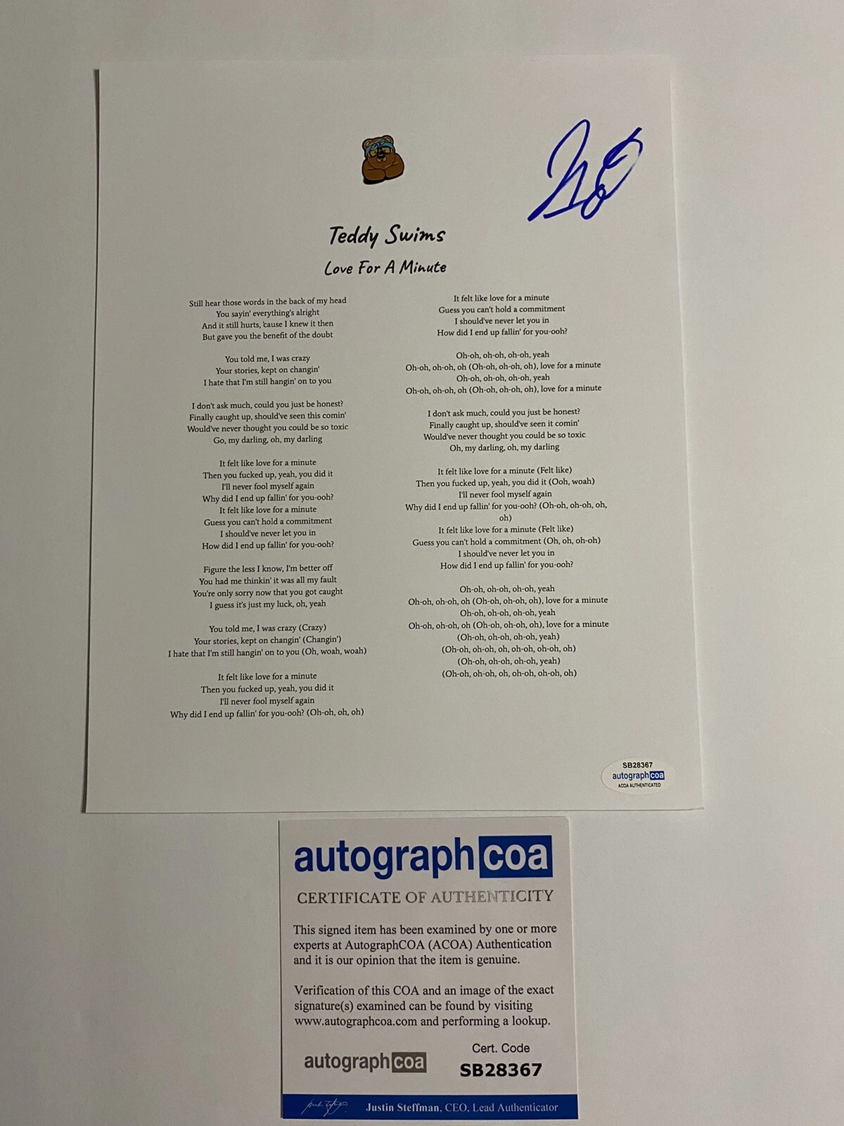 Teddy Swims signed autographed “Love For A Minute” Lyric Sheet ACOA Music