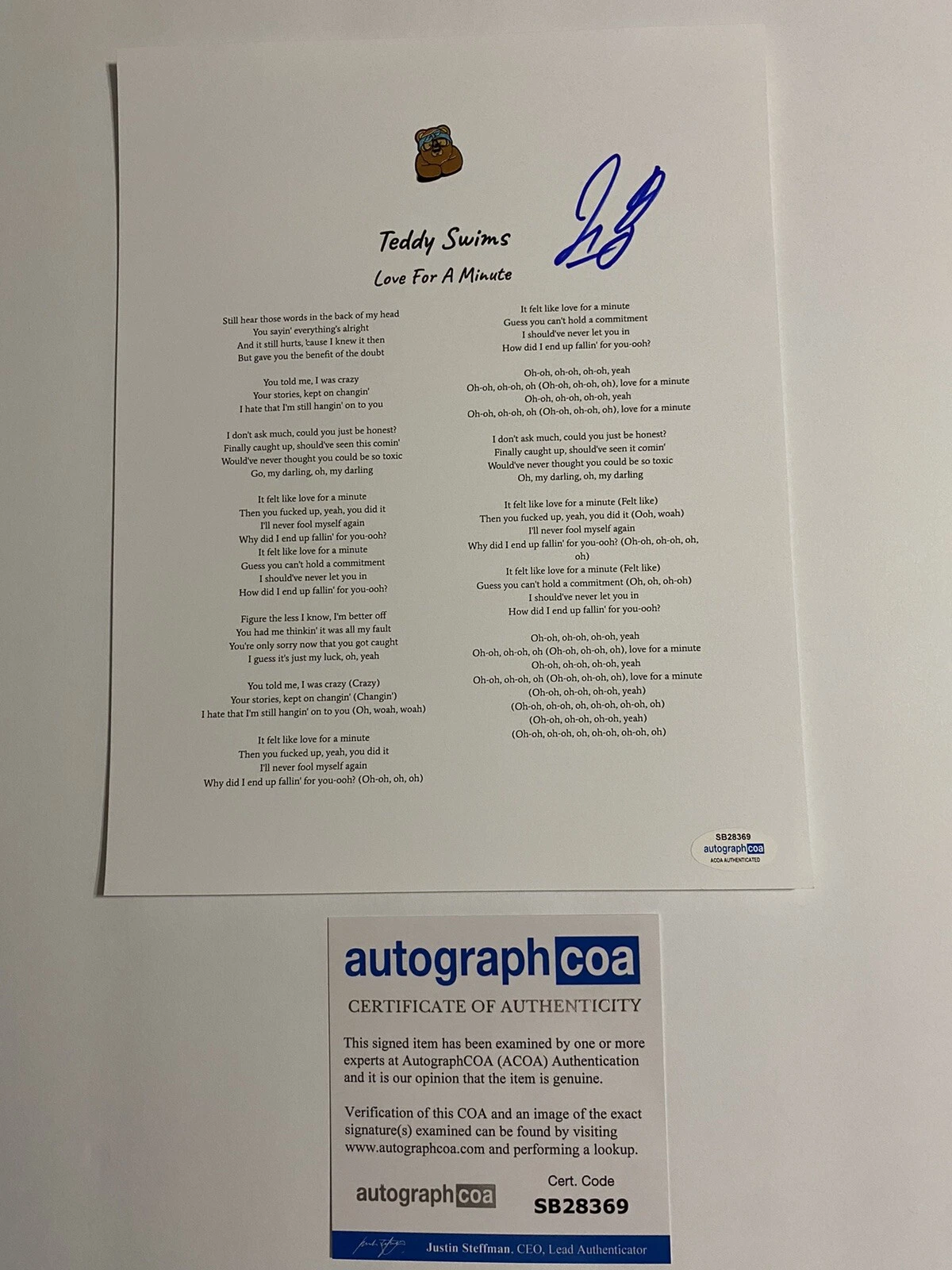 Teddy Swims signed autographed “Love For A Minute” Lyric Sheet ACOA Music