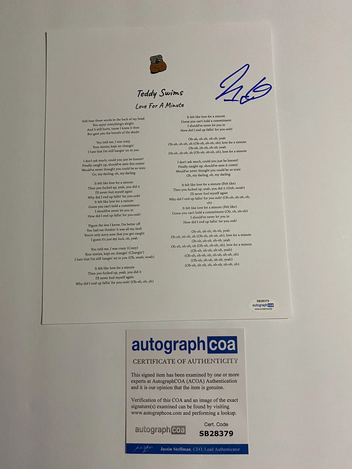 Teddy Swims signed autographed “Love For A Minute” Lyric Sheet ACOA Music
