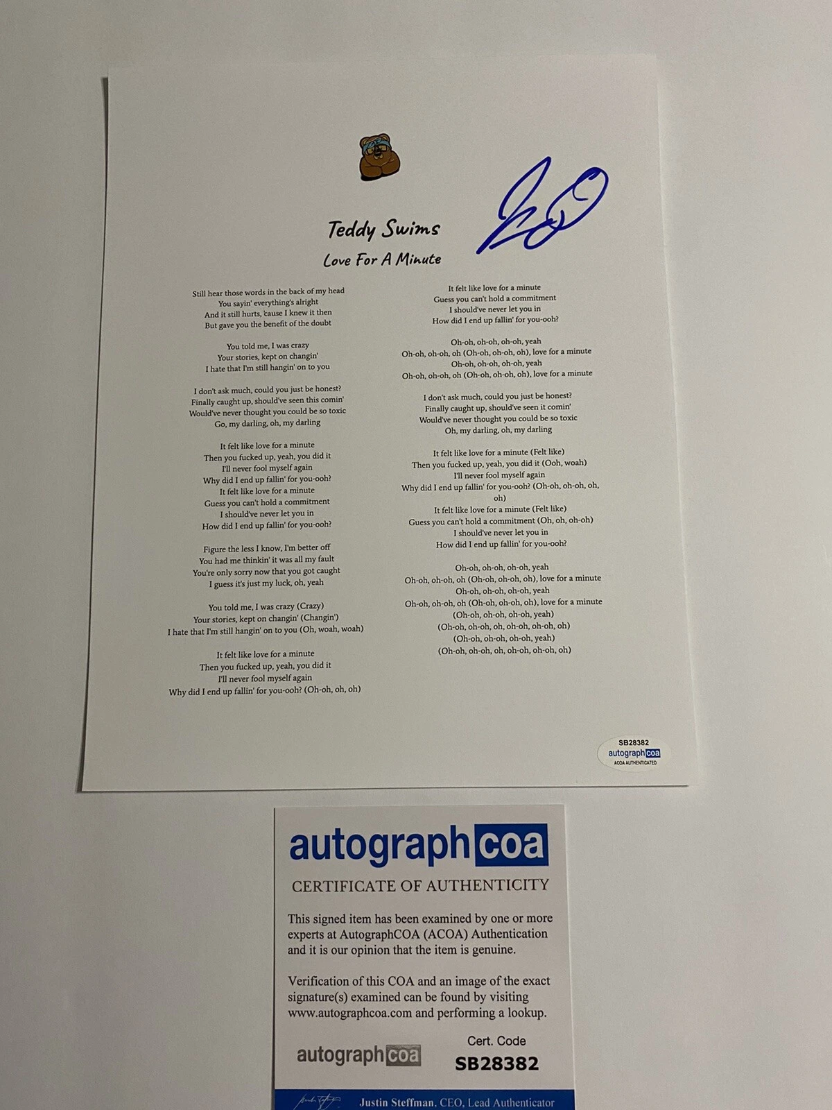 Teddy Swims signed autographed “Love For A Minute” Lyric Sheet ACOA Music