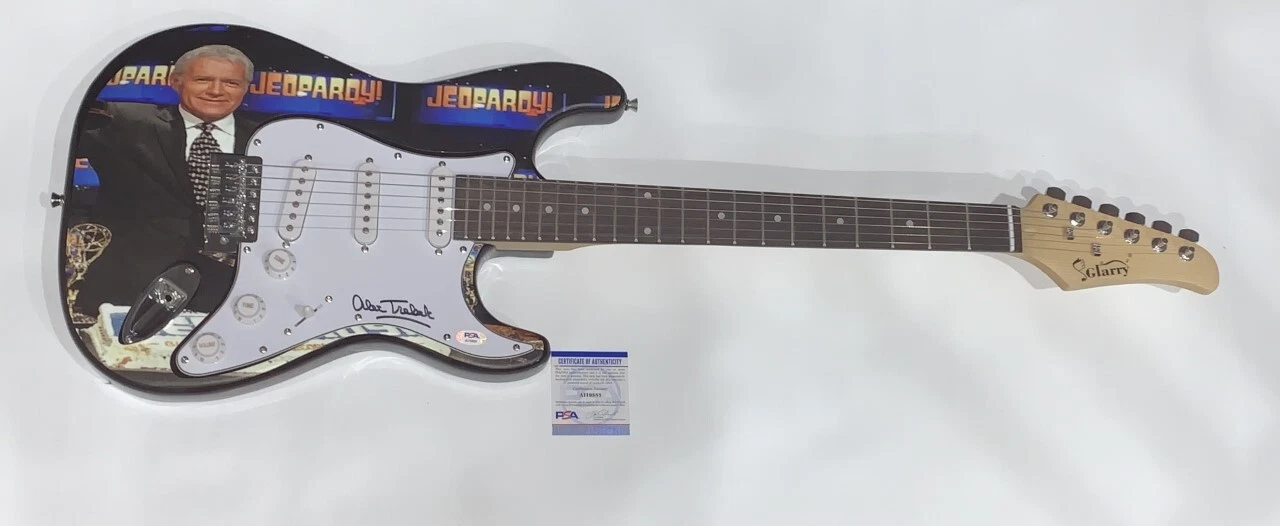 ALEX TREBEK SIGNED ELECTRIC GUITAR CUSTOM GRAPHICS JEOPARDY HOST PSA COA