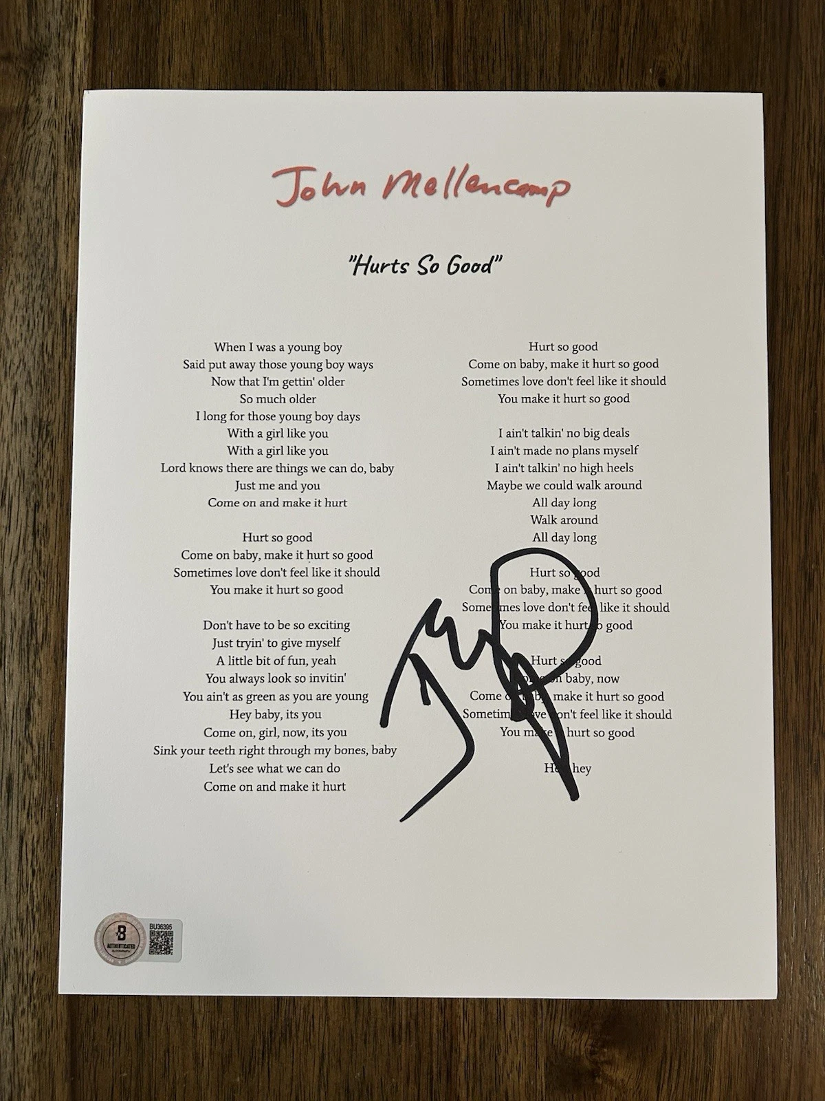 JOHN COUGAR MELLENCAMP SIGNED AUTOGRAPH ‘Hurts So Good’ Lyric Sheet Beckett