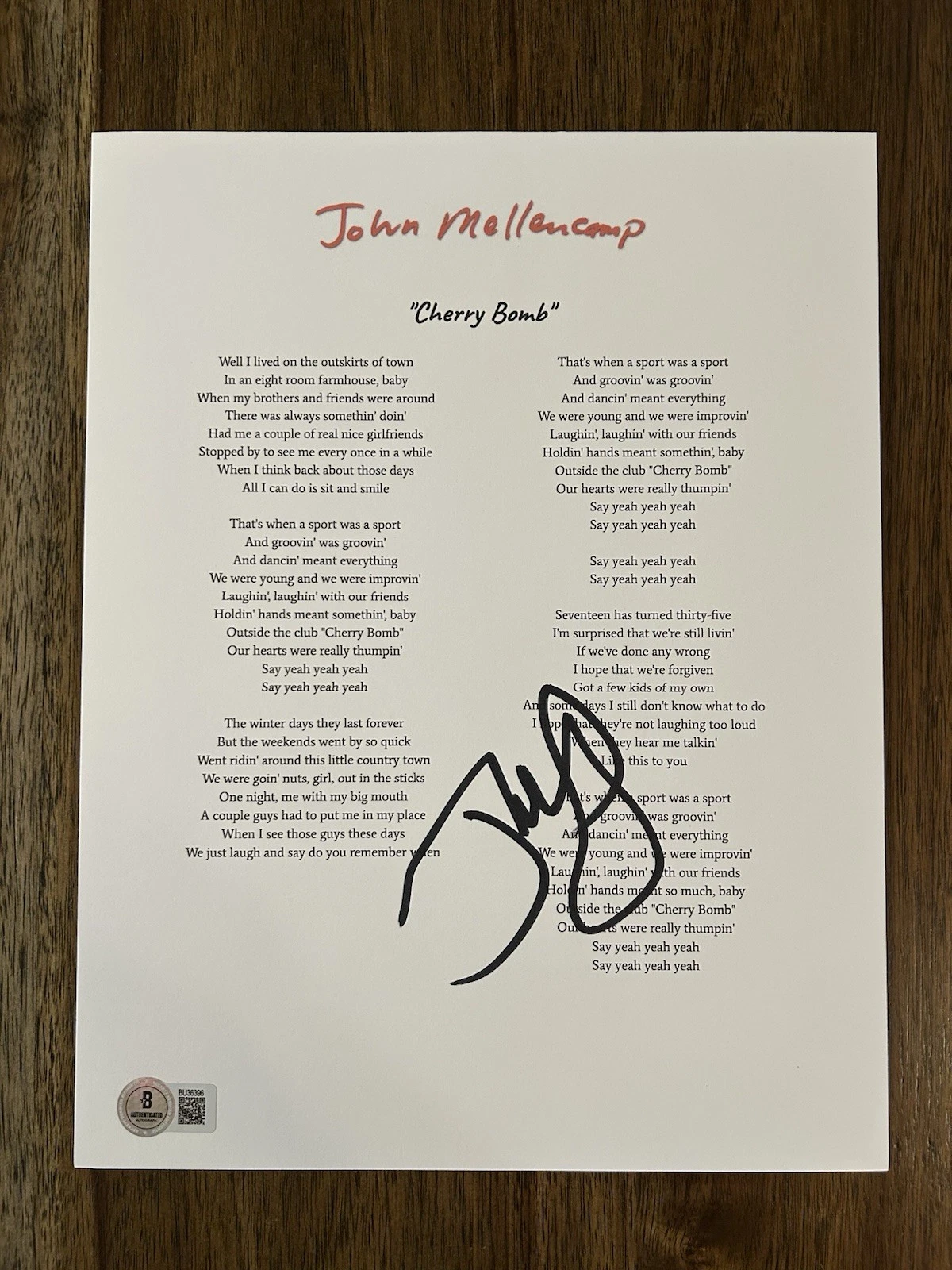 JOHN COUGAR MELLENCAMP SIGNED AUTOGRAPH ‘Cherry Bomb’ Lyric Sheet Beckett