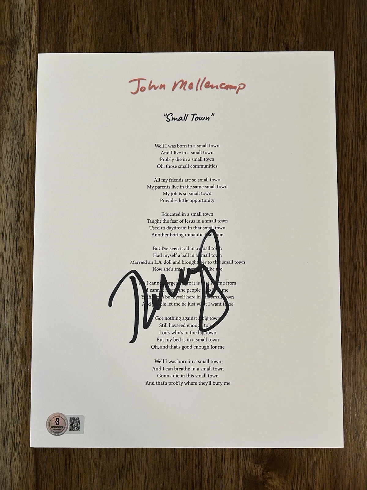 JOHN COUGAR MELLENCAMP SIGNED AUTOGRAPH ‘Small Town’ Lyric Sheet Beckett