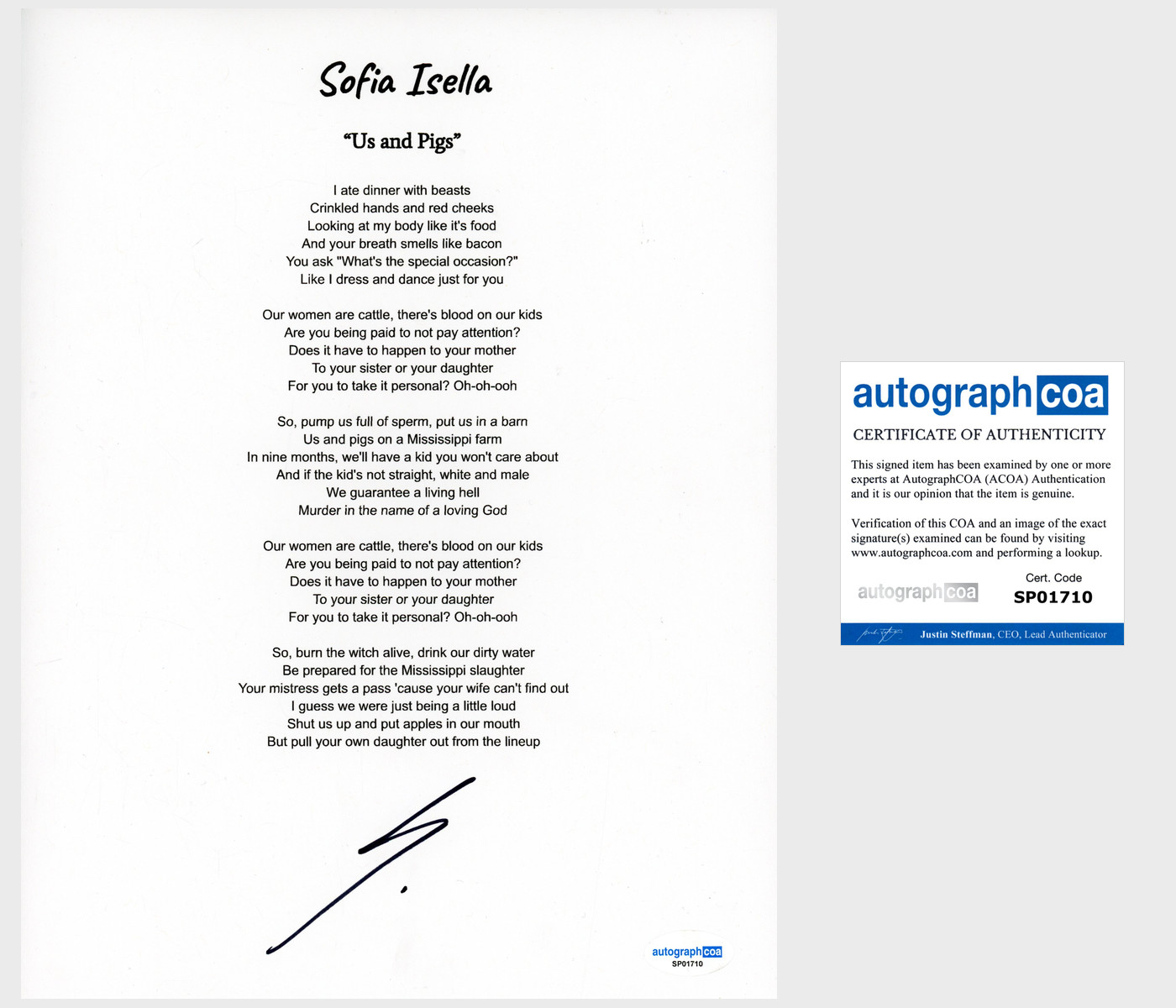 Sofia Isella 'Us And Pigs' Signed Lyric Sheet ACOA Indie Pop Singer