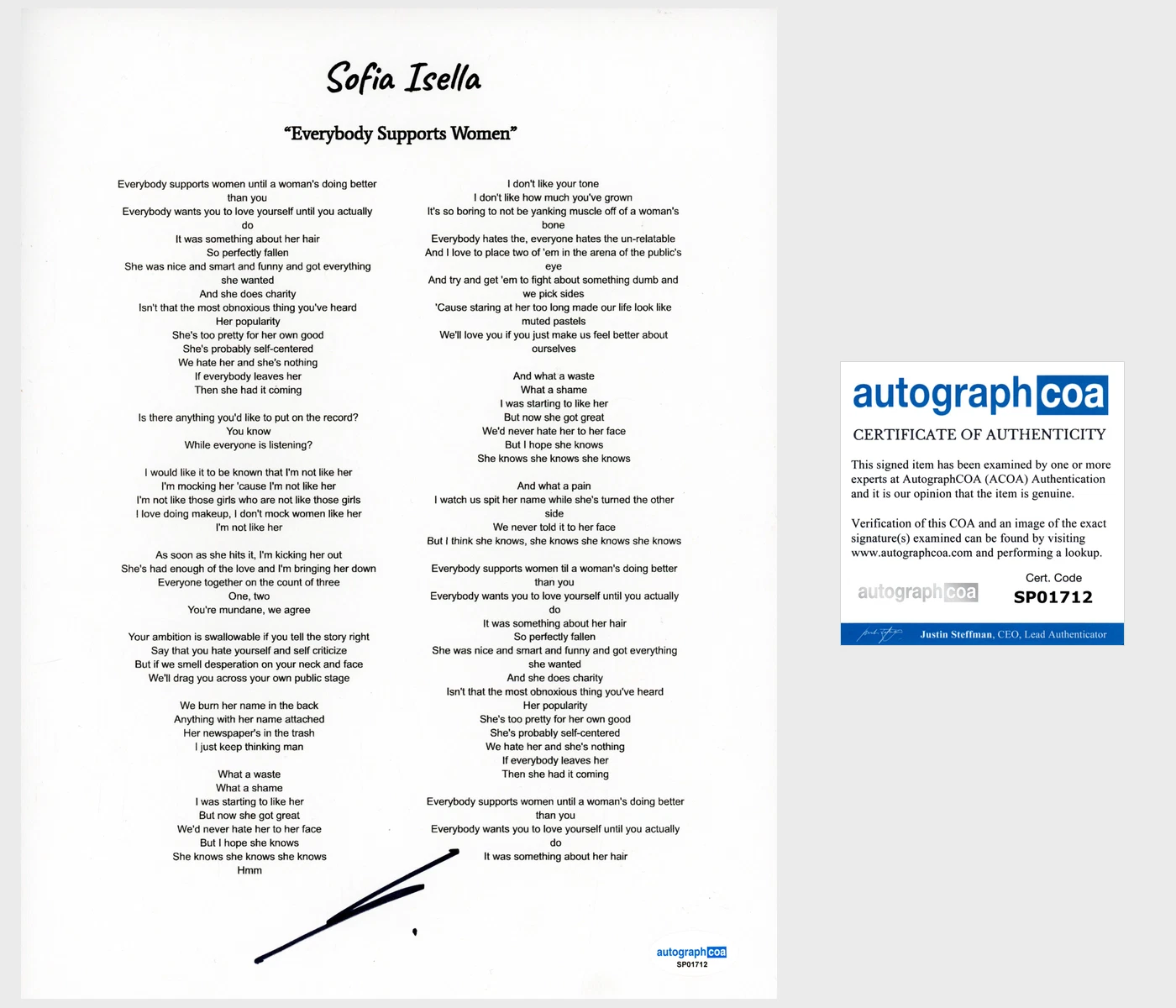 SOFIA ISELLA ‘EVERYBODY SUPPORTS WOMEN’ SIGNED LYRIC SHEET ACOA INDIE POP SINGER COLLECTIBLE MEMORABILIA