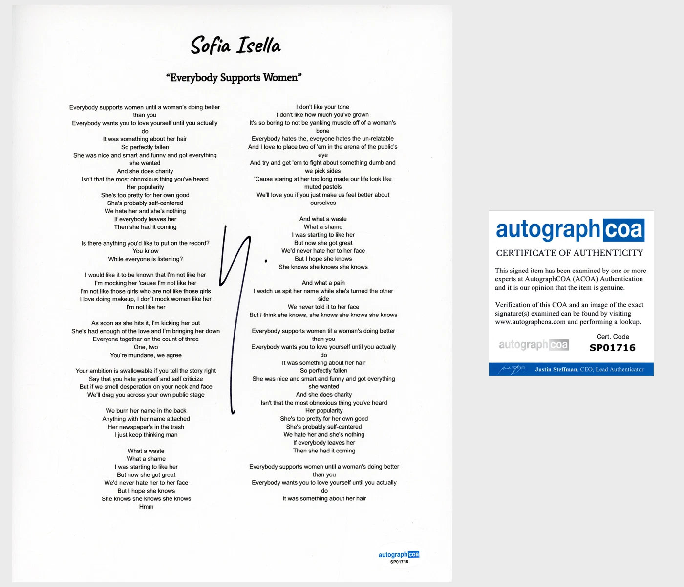 Sofia Isella 'Everybody Supports Women' Signed Lyric Sheet ACOA Indie Pop Singer