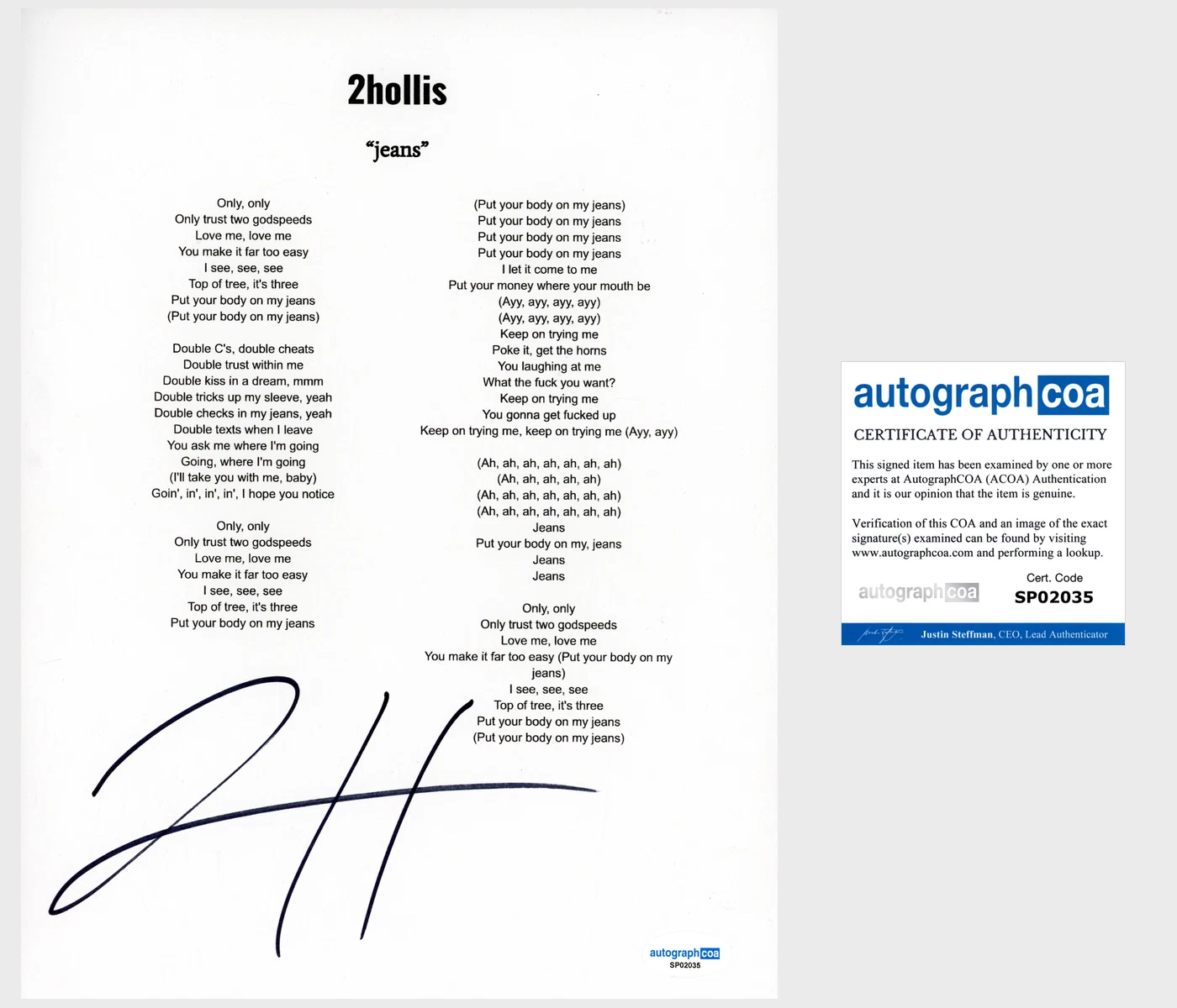 ‘2HOLLIS’ SIGNED LYRIC SHEET ‘JEANS’ ACOA RAPPER COLLECTIBLE MEMORABILIA