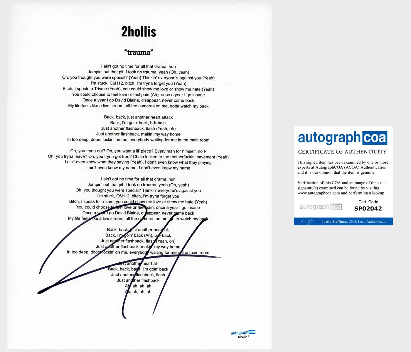 ‘2HOLLIS’ SIGNED LYRIC SHEET ‘TRAUMA’ ACOA RAPPER COLLECTIBLE MEMORABILIA