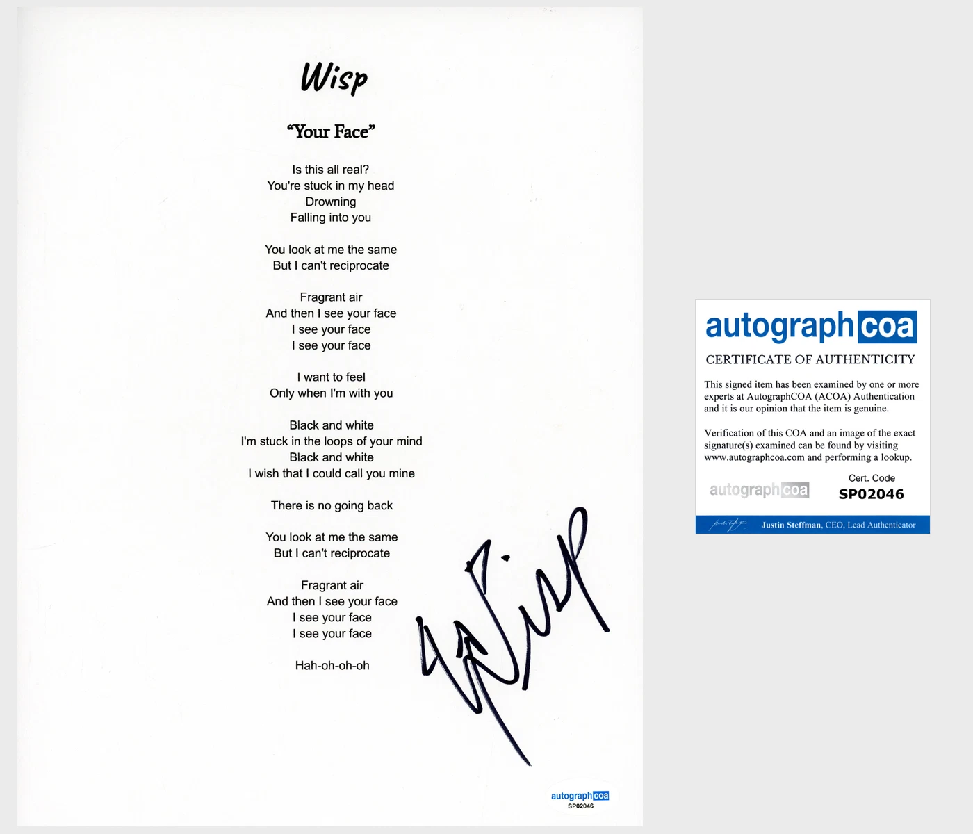 ‘WISP’ SIGNED LYRIC SHEET ‘YOUR FACE’ NATALIE LU ACOA COLLECTIBLE MEMORABILIA