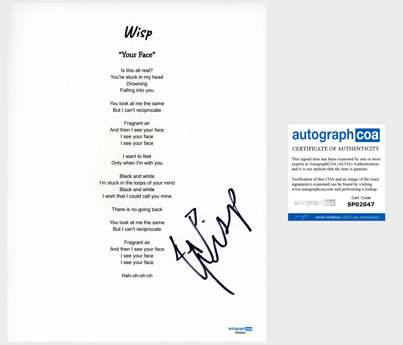 ‘WISP’ SIGNED LYRIC SHEET ‘YOUR FACE’ NATALIE LU ACOA COLLECTIBLE MEMORABILIA