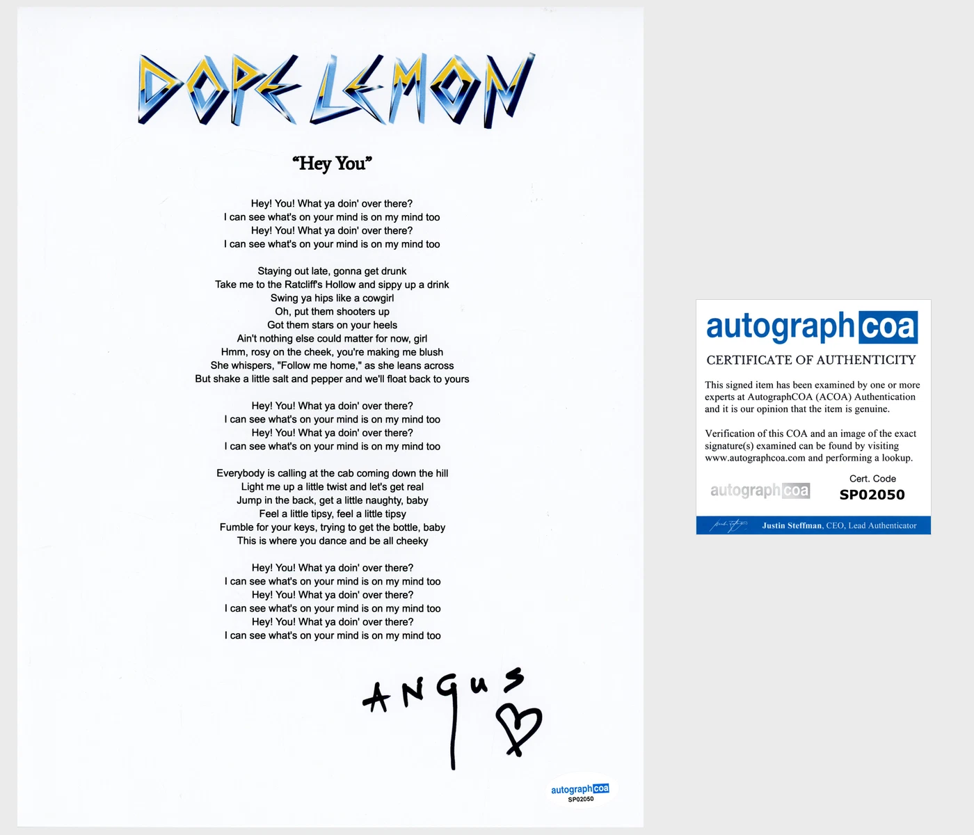 ‘DOPE LEMON’ SIGNED LYRIC SHEET ‘HEY YOU’ ACOA ANGUS STONE COLLECTIBLE MEMORABILIA