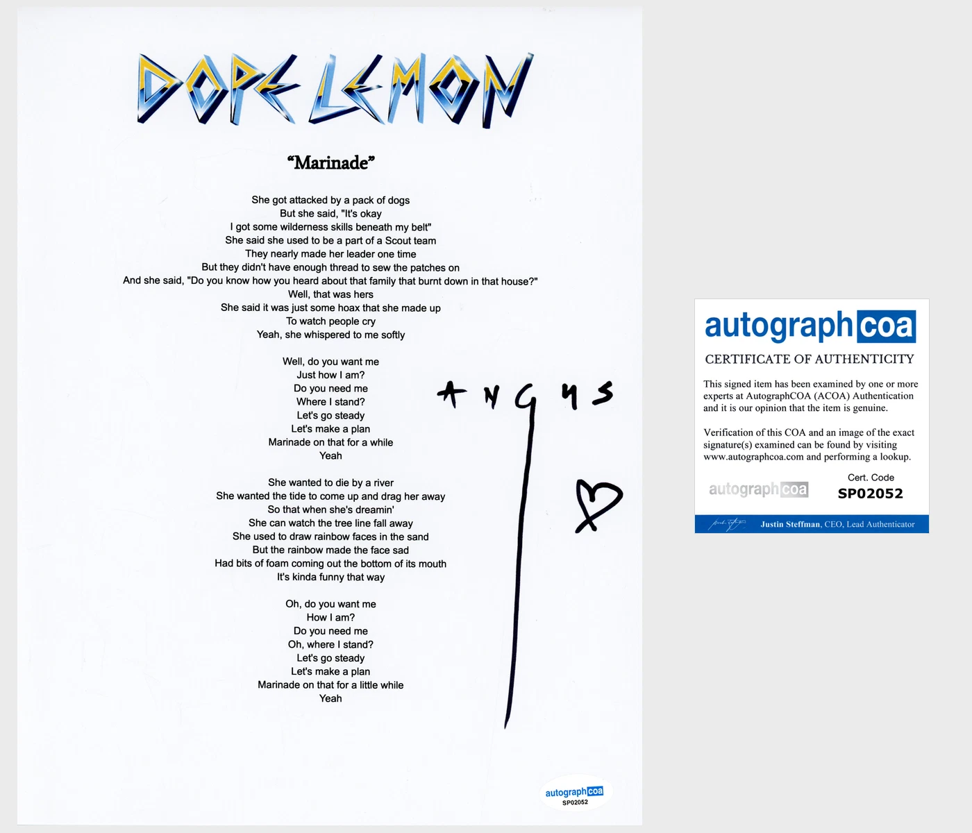 ‘DOPE LEMON’ SIGNED LYRIC SHEET ‘MARINADE’ ACOA ANGUS STONE COLLECTIBLE MEMORABILIA