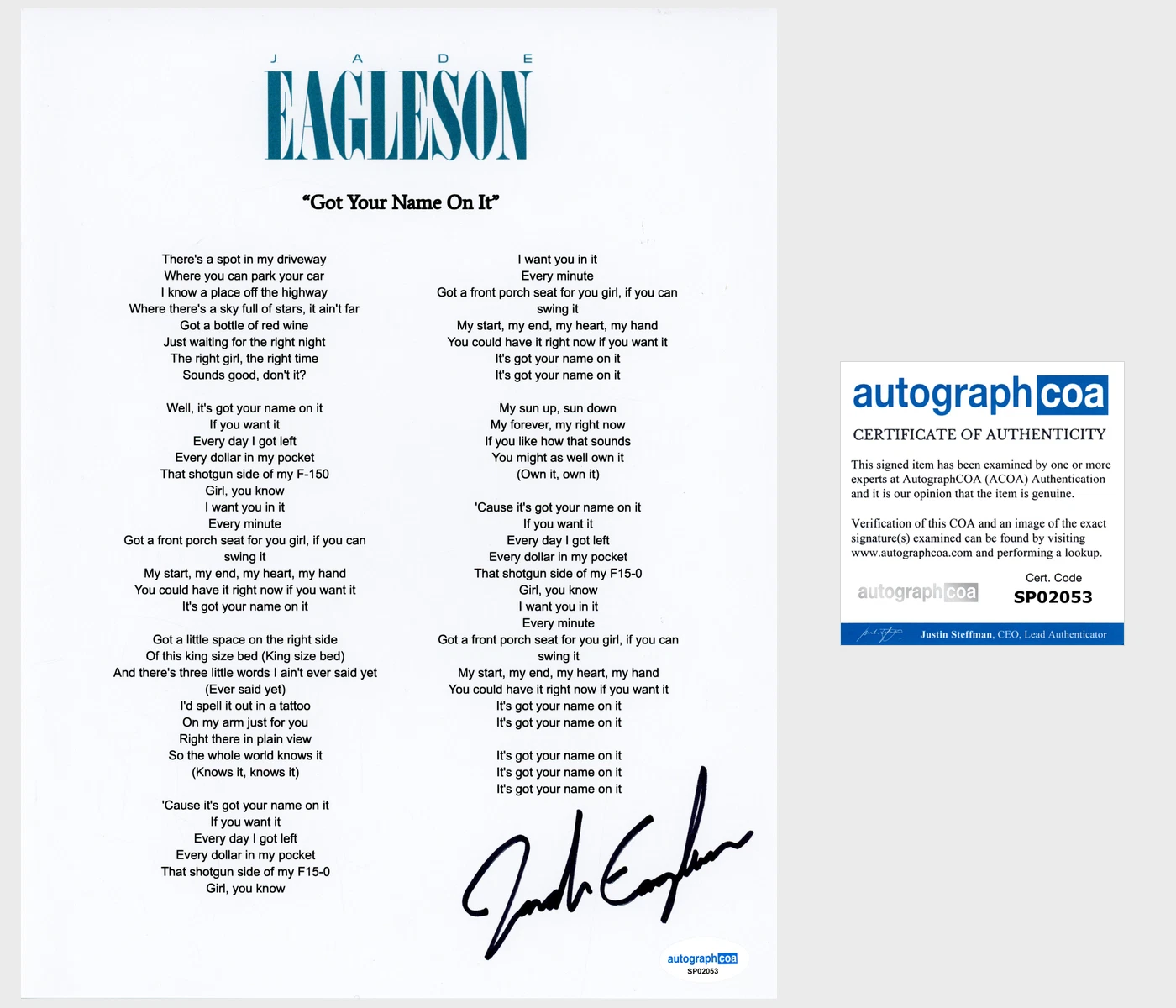 Jade Eagleson 'Get Your Name On It' Signed Lyric Sheet Country Singer ACOA