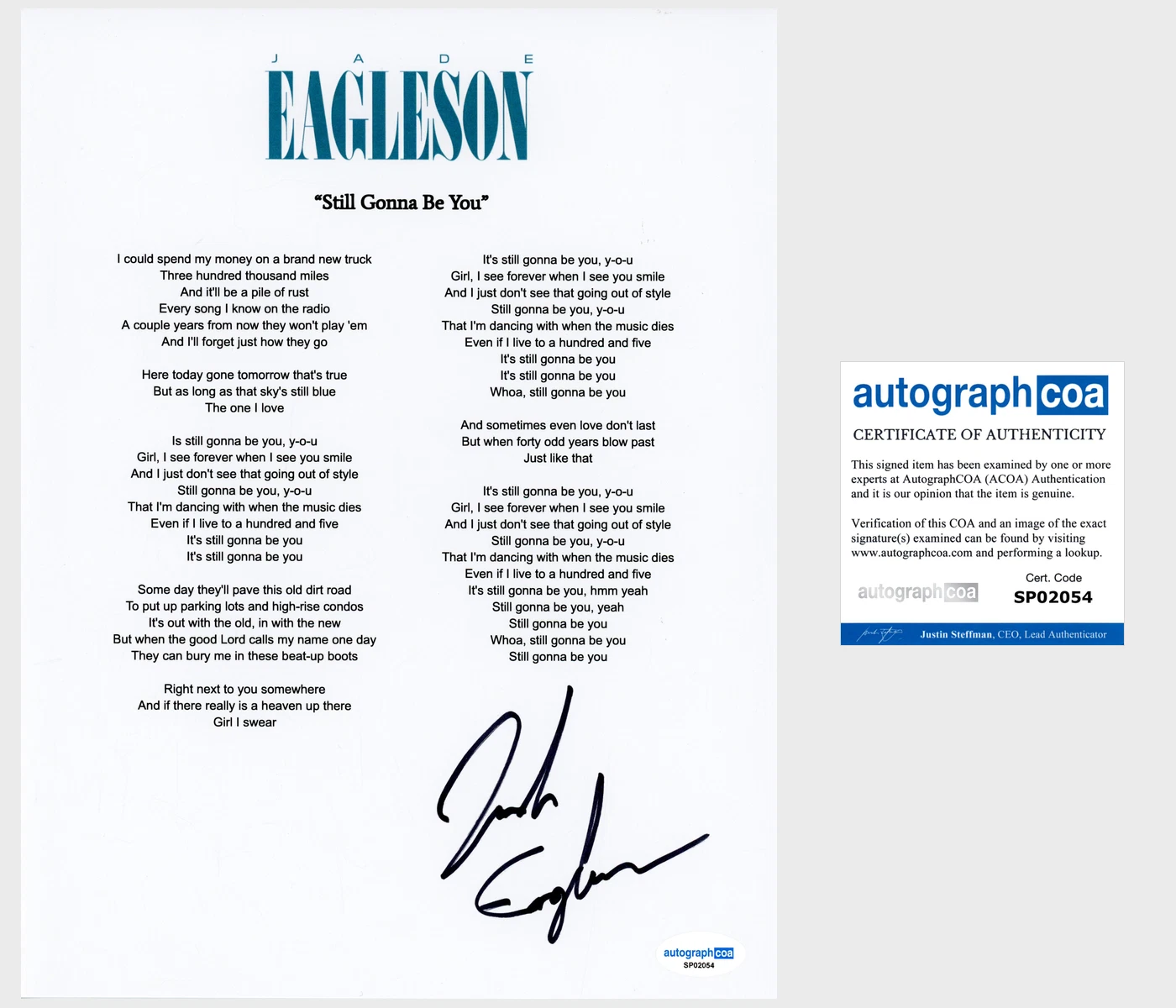 Jade Eagleson 'Still Gonna Be You' Signed Lyric Sheet Country Singer ACOA