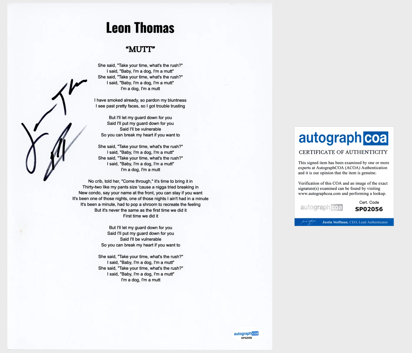‘Leon Thomas’ Signed Lyric Sheet ‘MUTT’ ACOA Autograph