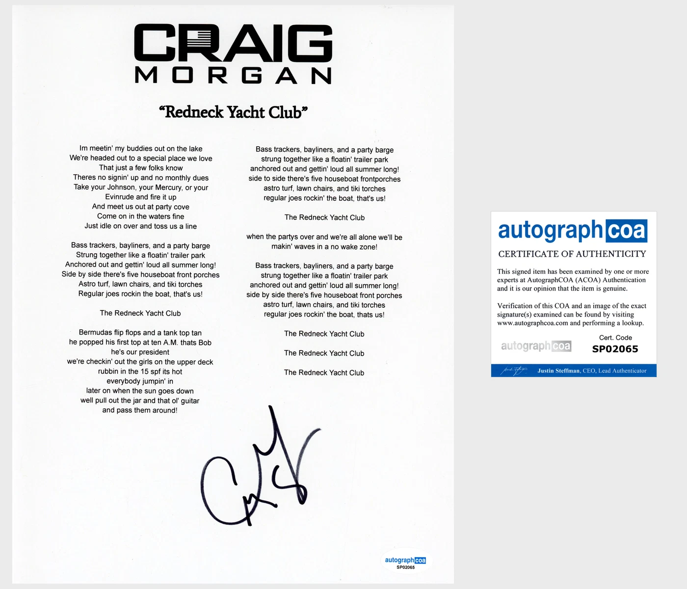 ‘CRAIG MORGAN’ SIGNED LYRIC SHEET ‘REDNECK YACHT CLUB’ ACOA COUNTRY COLLECTIBLE MEMORABILIA