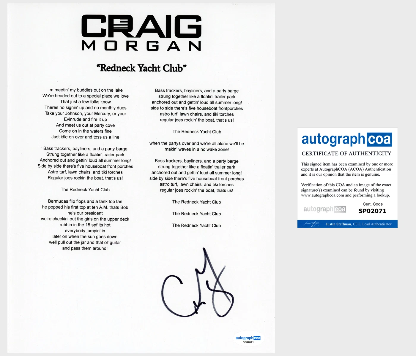 ‘CRAIG MORGAN’ SIGNED LYRIC SHEET ‘REDNECK YACHT CLUB’ ACOA COUNTRY COLLECTIBLE MEMORABILIA