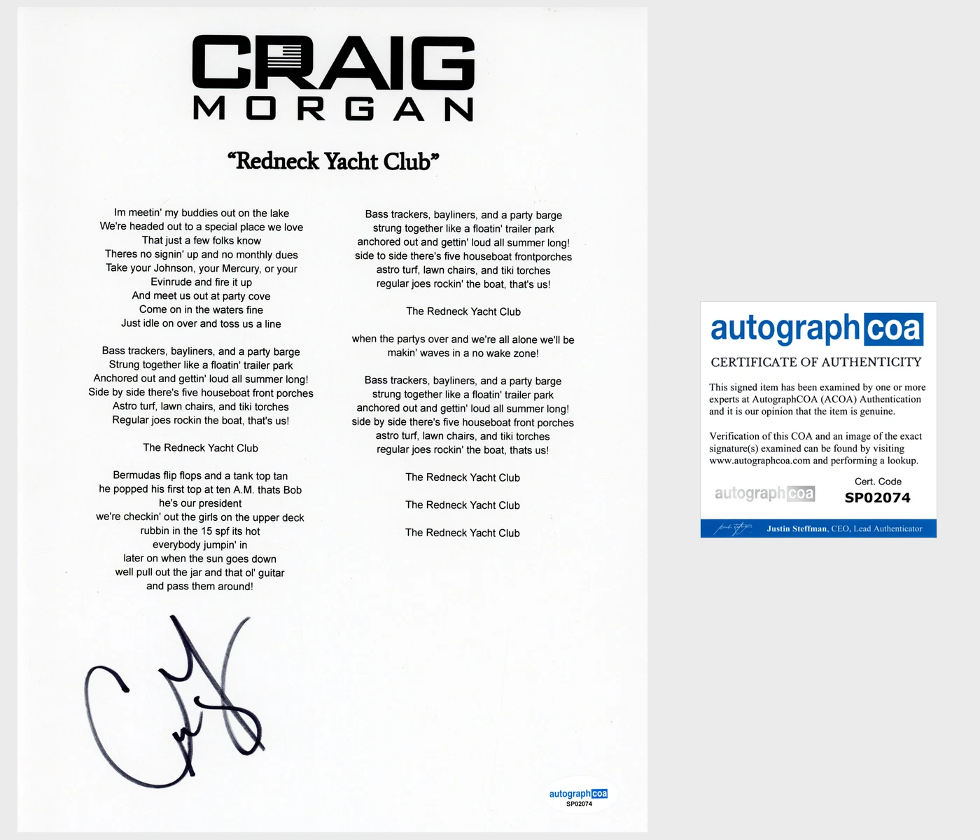 'Craig Morgan' Signed Lyric Sheet 'Redneck Yacht Club' ACOA Country