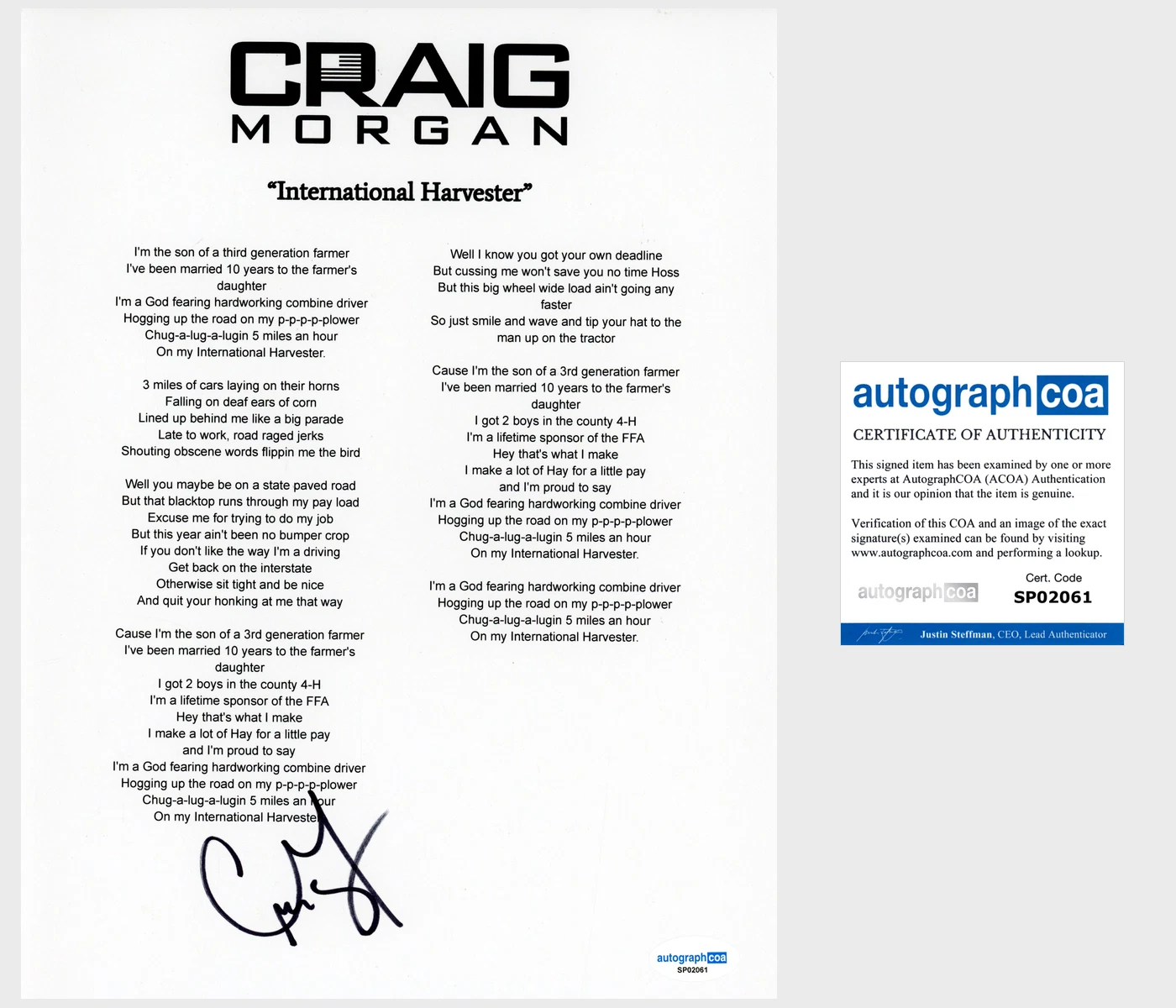 ‘CRAIG MORGAN’ SIGNED LYRIC SHEET ‘INTERNATIONAL HARVESTER’ ACOA COUNTRY COLLECTIBLE MEMORABILIA