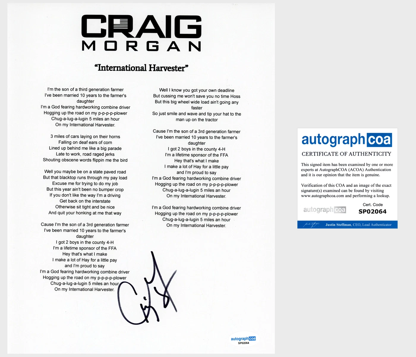 ‘CRAIG MORGAN’ SIGNED LYRIC SHEET ‘INTERNATIONAL HARVESTER’ ACOA COUNTRY COLLECTIBLE MEMORABILIA