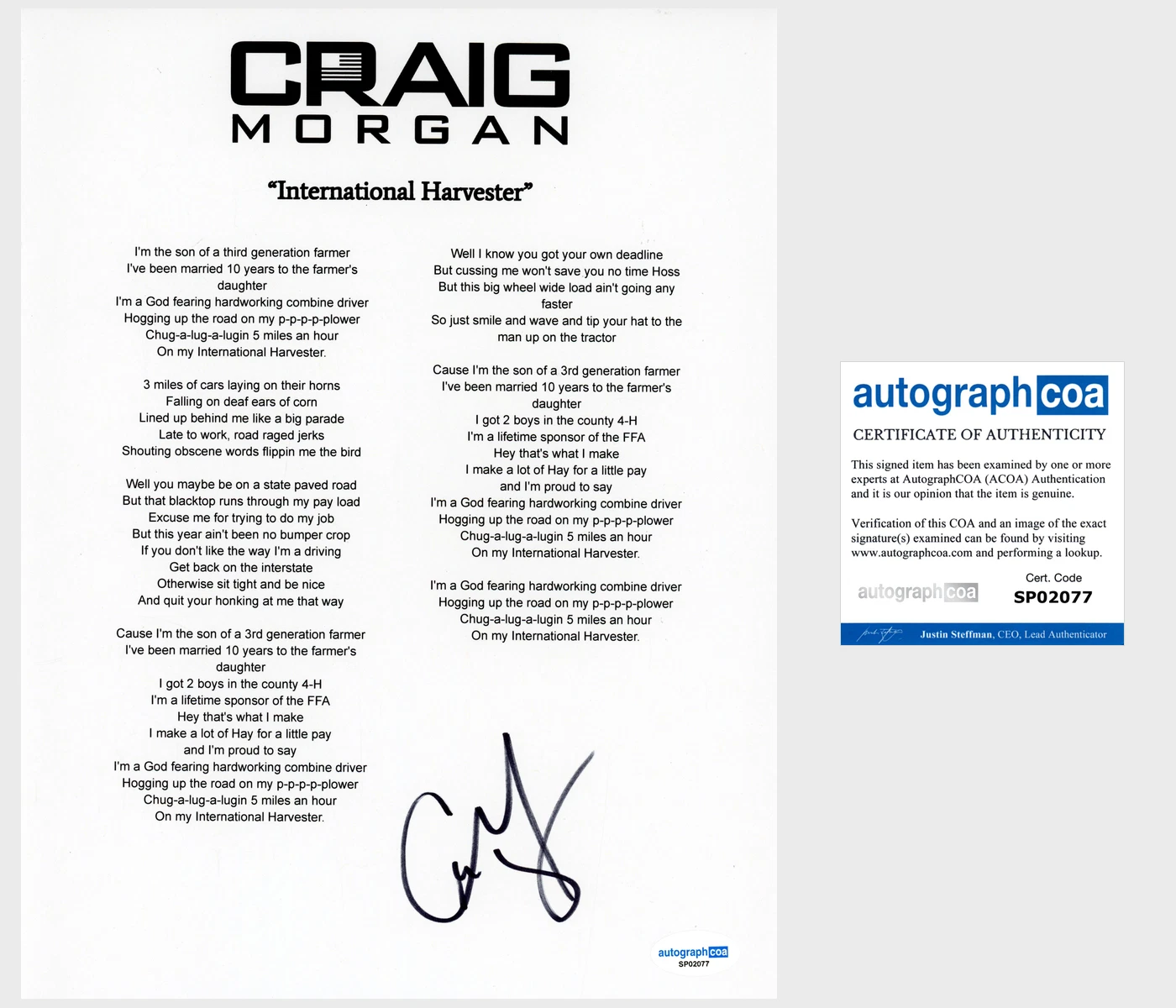 ‘CRAIG MORGAN’ SIGNED LYRIC SHEET ‘INTERNATIONAL HARVESTER’ ACOA COUNTRY COLLECTIBLE MEMORABILIA