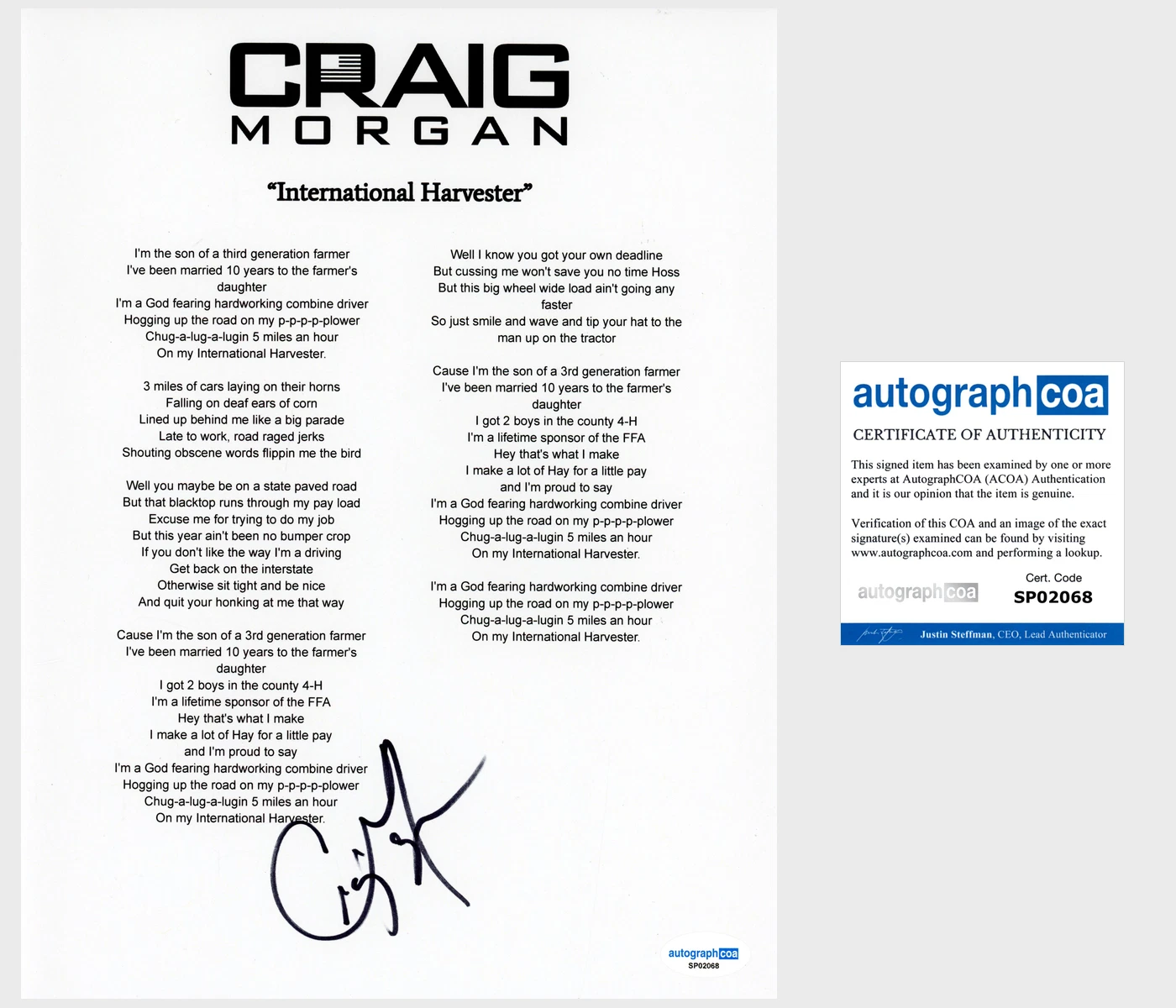 ‘CRAIG MORGAN’ SIGNED LYRIC SHEET ‘INTERNATIONAL HARVESTER’ ACOA COUNTRY COLLECTIBLE MEMORABILIA
