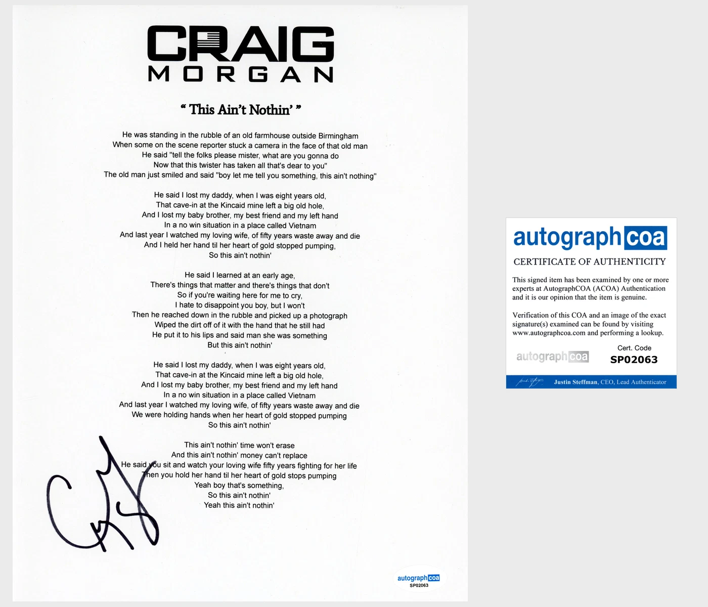 ‘CRAIG MORGAN’ SIGNED LYRIC SHEET ‘THIS AIN’T NOTHIN’ ACOA COUNTRY COLLECTIBLE MEMORABILIA