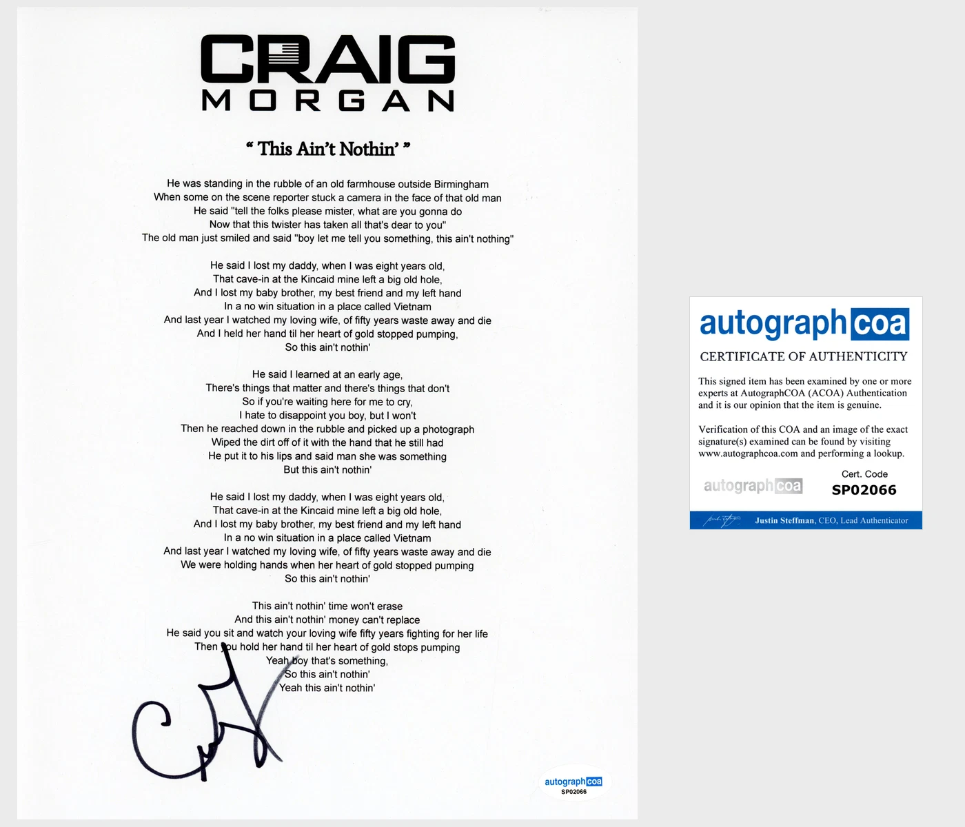 ‘CRAIG MORGAN’ SIGNED LYRIC SHEET ‘THIS AIN’T NOTHIN’ ACOA COUNTRY COLLECTIBLE MEMORABILIA