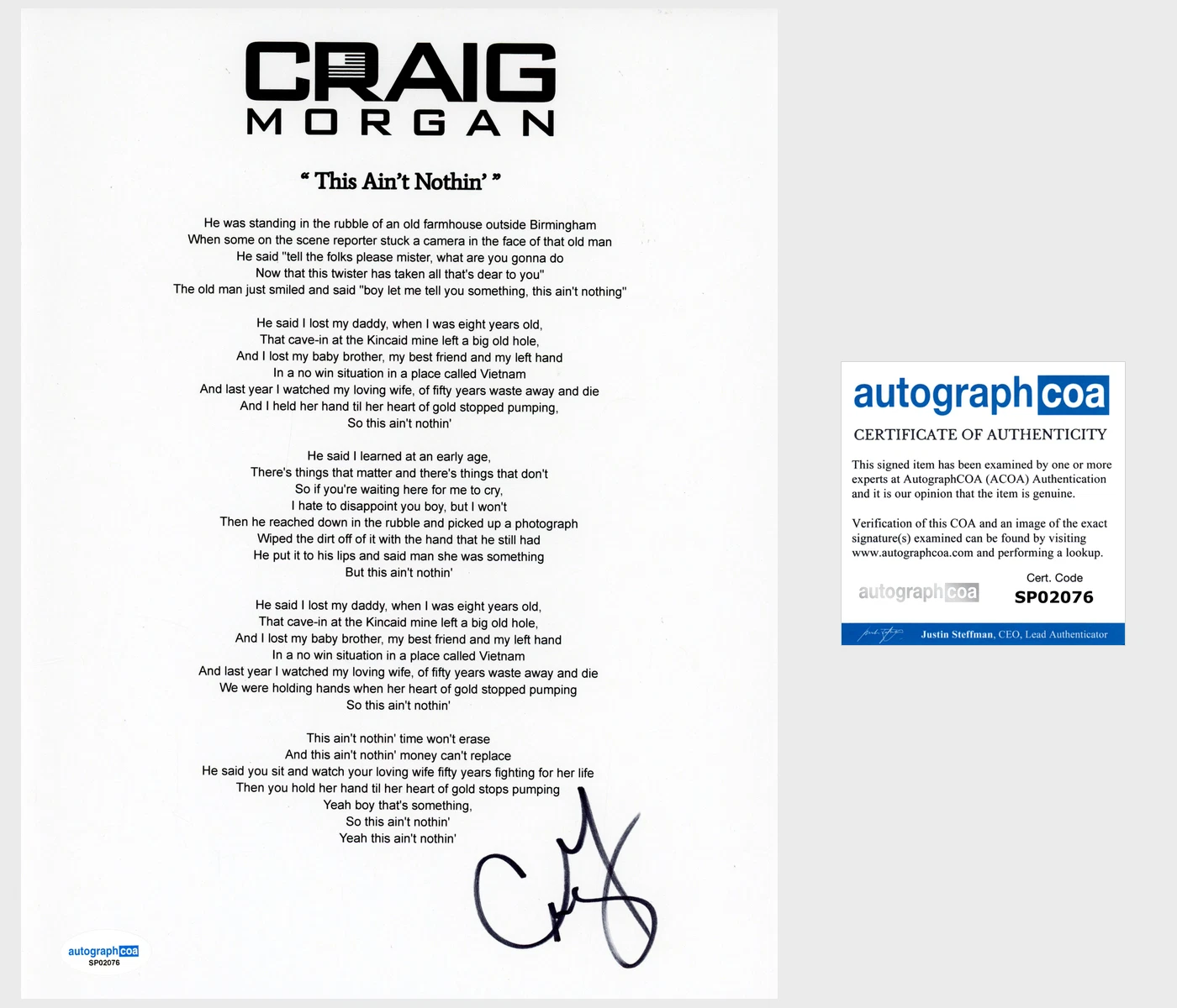‘CRAIG MORGAN’ SIGNED LYRIC SHEET ‘THIS AIN’T NOTHIN’ ACOA COUNTRY COLLECTIBLE MEMORABILIA