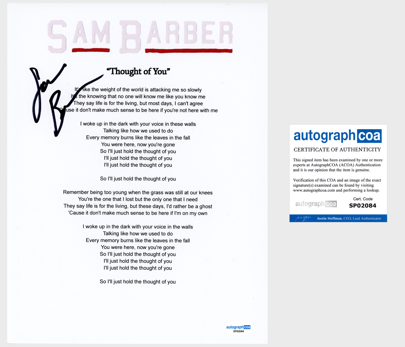 Sam Barber Signed Lyric Sheet 'Thought Of You' ACOA Country Music