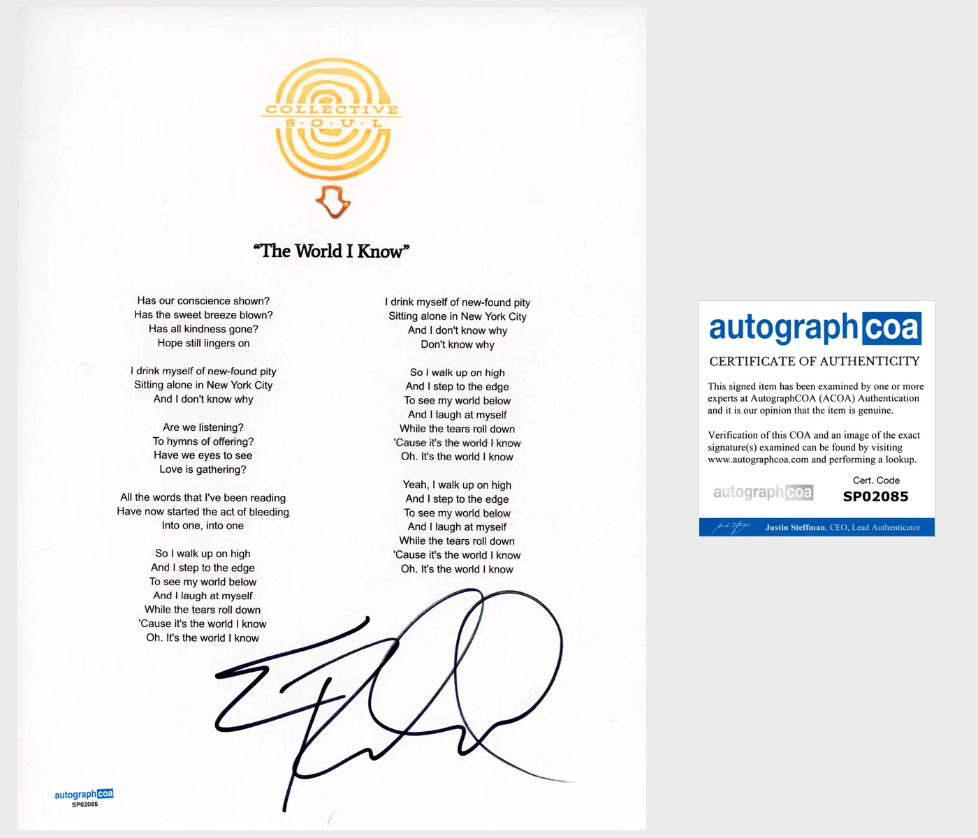 Ed Roland 'Collective Soul' Band Signed Lyric Sheet 'The World I Know' ACOA