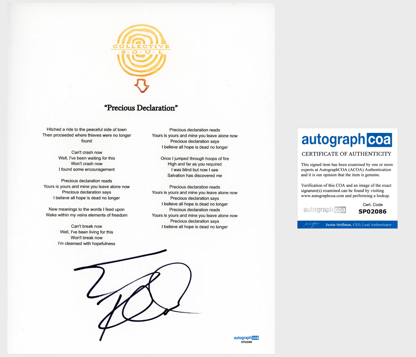 Ed Roland 'Collective Soul' Band Signed Lyric Sheet 'Precious Declaration' ACOA