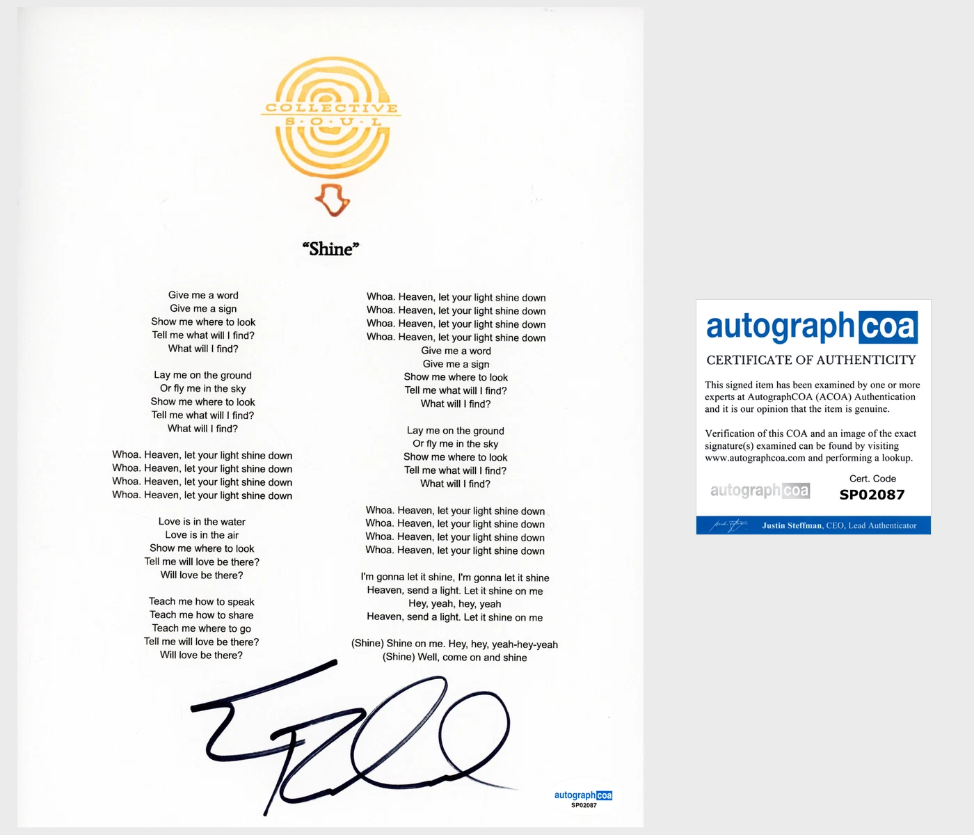 Ed Roland 'Collective Soul' Band Signed Lyric Sheet 'Shine' ACOA