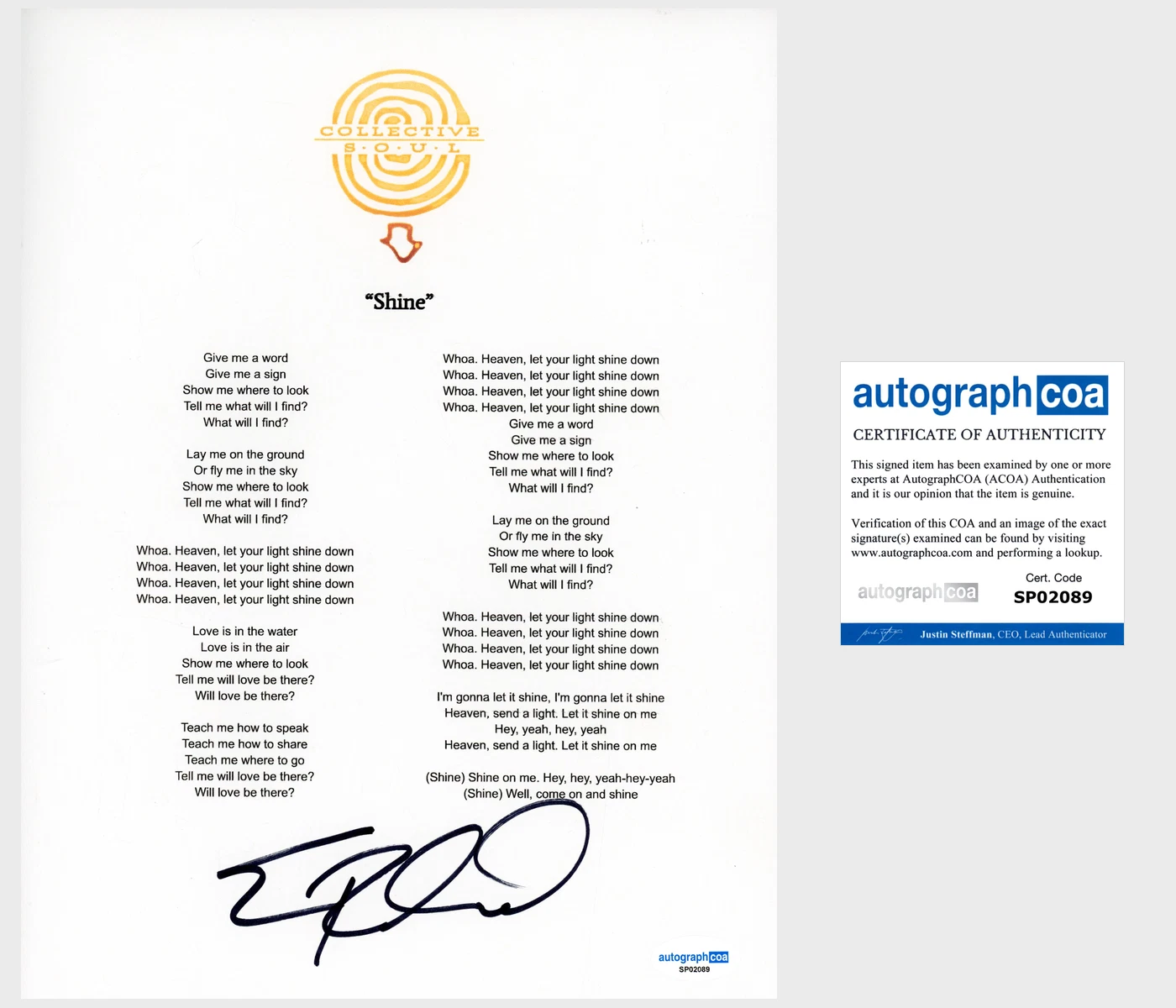 Ed Roland 'Collective Soul' Band Signed Lyric Sheet 'Shine' ACOA