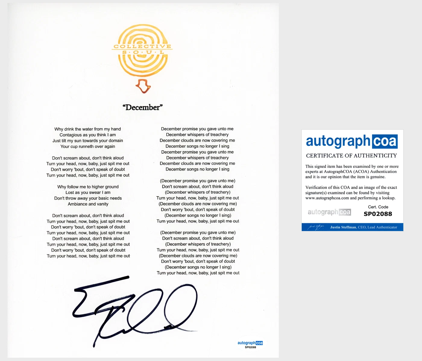 Ed Roland 'Collective Soul' Band Signed Lyric Sheet 'December' ACOA