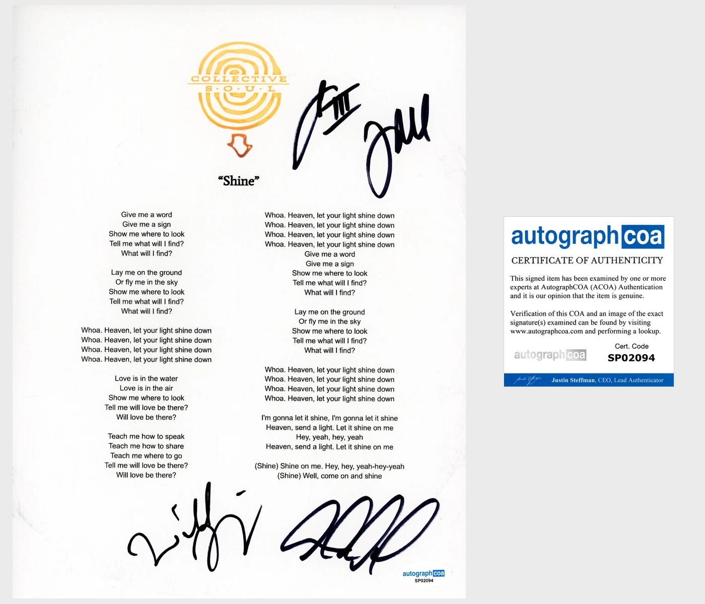 ‘COLLECTIVE SOUL’ BAND SIGNED LYRIC SHEET ‘SHINE’ +4 ACOA COLLECTIBLE MEMORABILIA