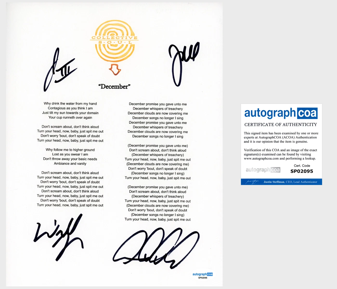 ‘COLLECTIVE SOUL’ BAND SIGNED LYRIC SHEET ‘DECEMBER’ +4 ACOA COLLECTIBLE MEMORABILIA