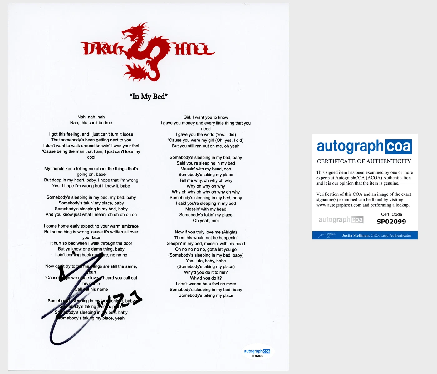 Sisqo ‘Dru Hill’ Frontman Signed Lyric Sheet 'In My Bed' ACOA