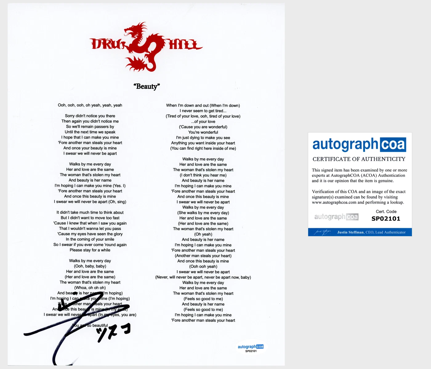 Sisqo ‘Dru Hill’ Frontman Signed Lyric Sheet 'Beauty' ACOA