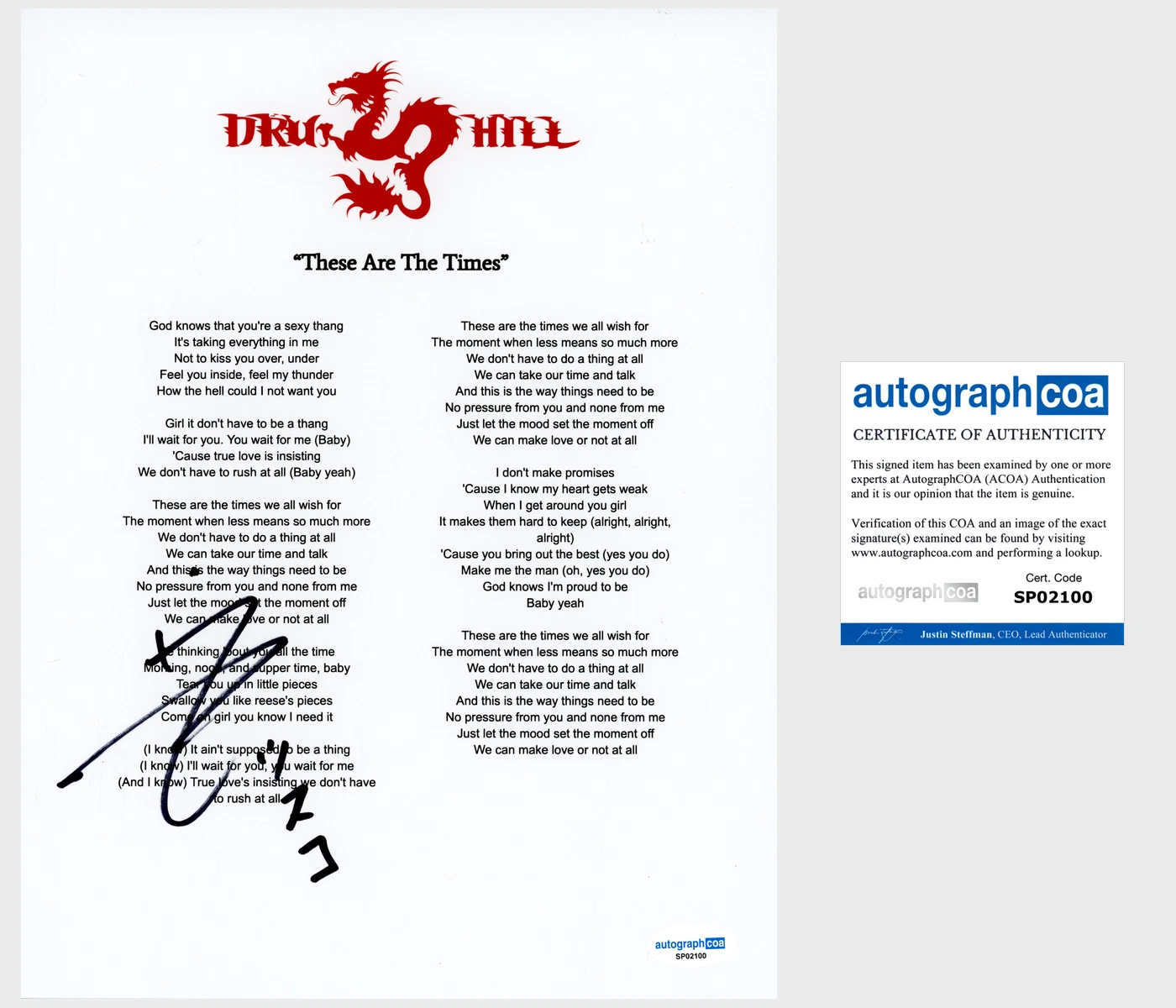 Sisqo ‘Dru Hill’ Frontman Signed Lyric Sheet 'These Are The Times' ACOA
